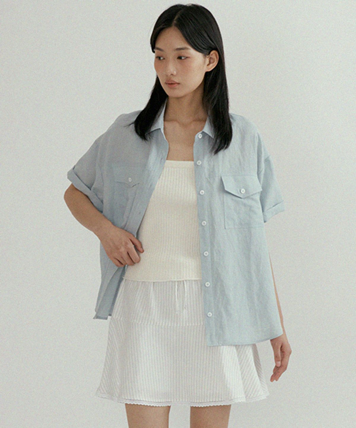 링서울(LINGSEOUL) linen bamboo blended pocket blouse-baby blue