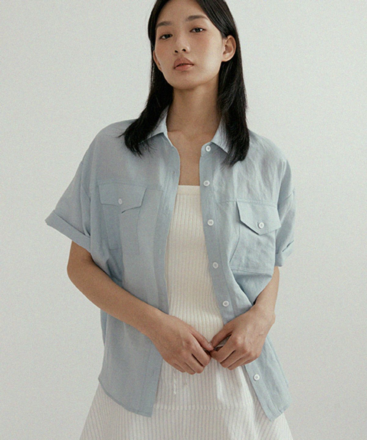 링서울(LINGSEOUL) linen bamboo blended pocket blouse-baby blue