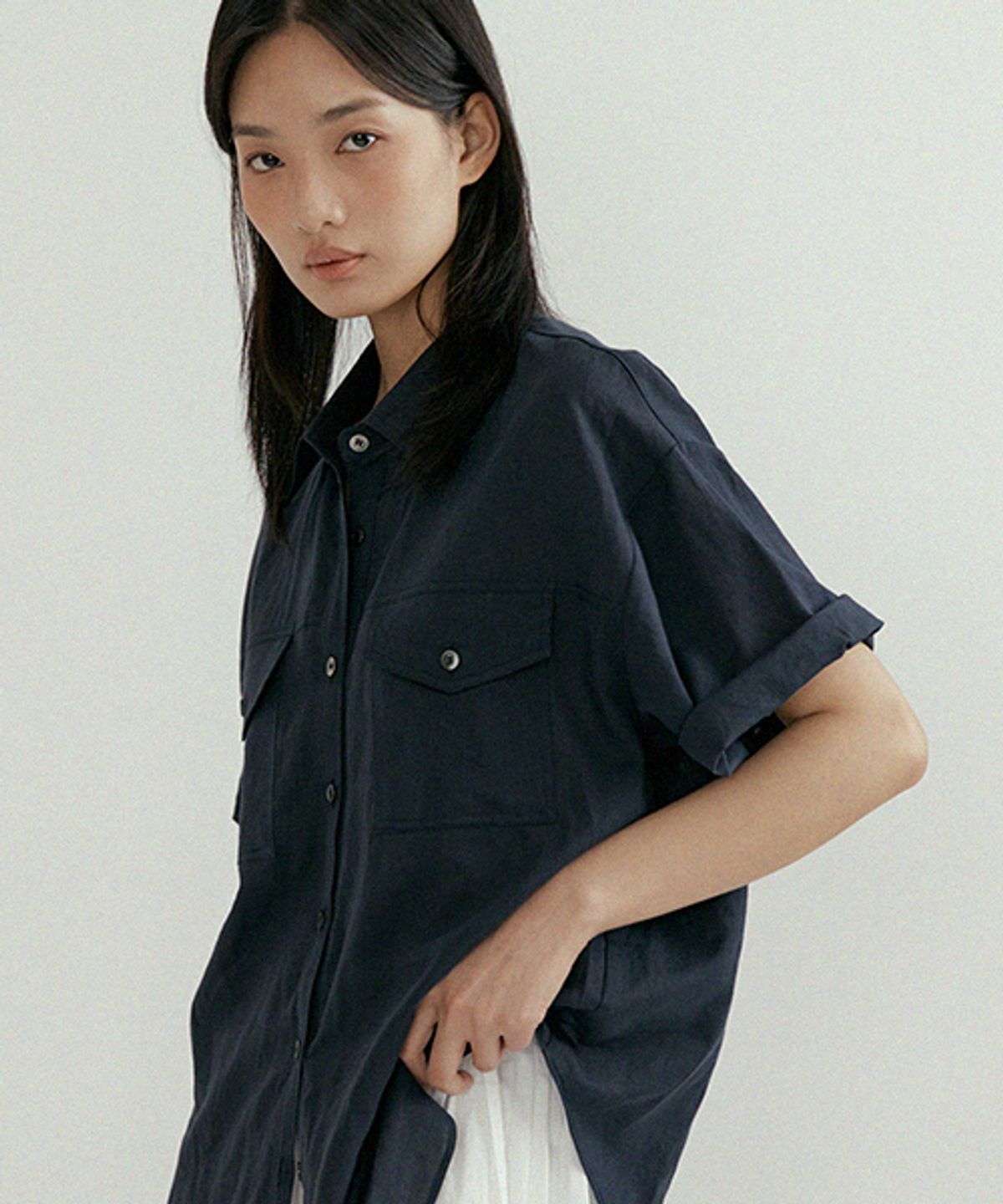 링서울(LINGSEOUL) linen bamboo blended pocket blouse-navy