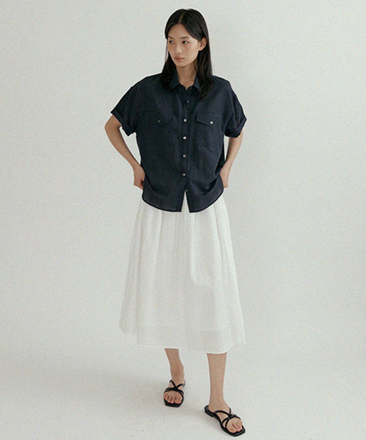 링서울(LINGSEOUL) linen bamboo blended pocket blouse-navy