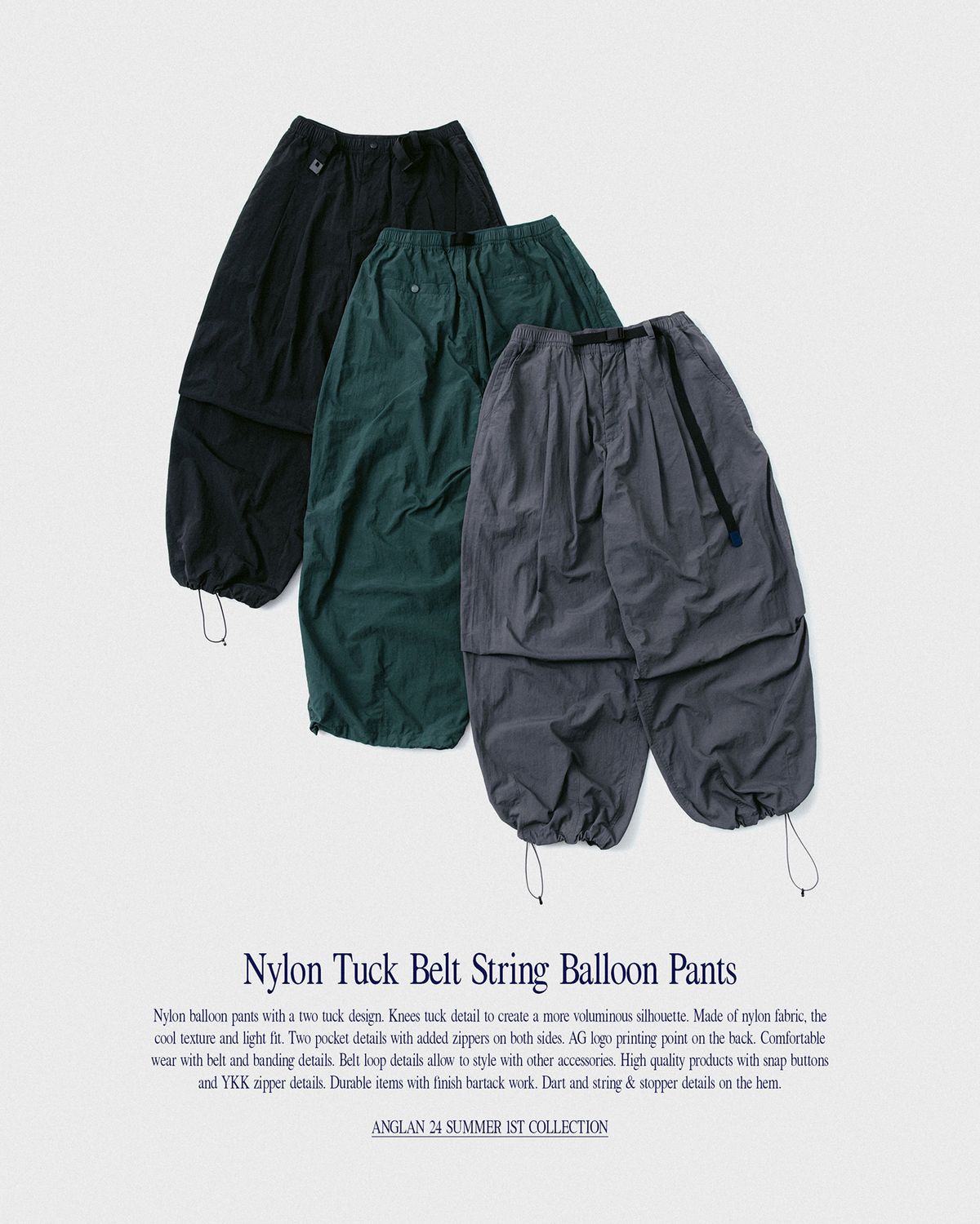 앵글런(ANGLAN) Nylon Tuck Belt String Balloon Pants - Grey