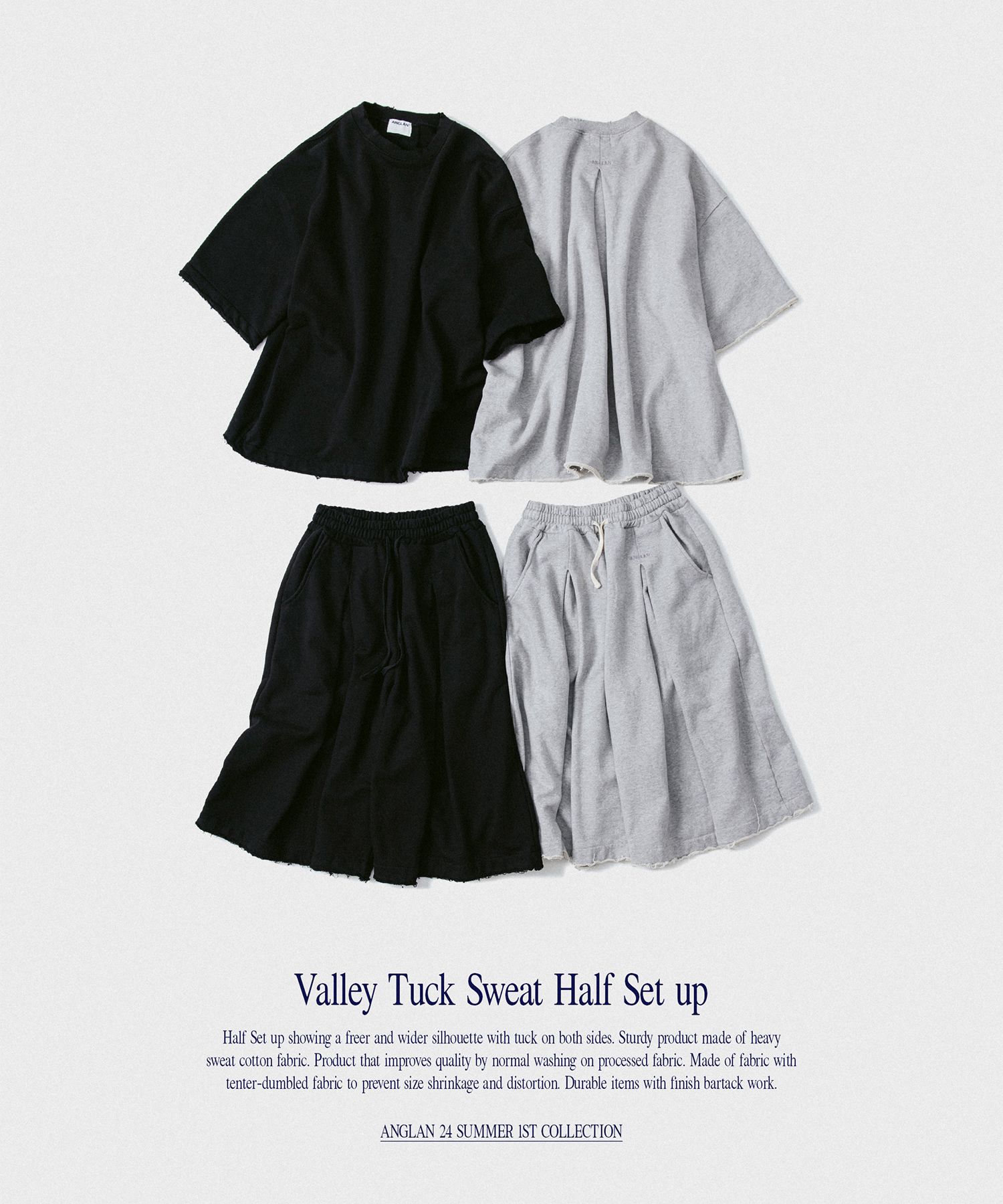 【ANGLAN】25SS★ [AG] Valley Tuck Sweat Half Tee AG] Valley Tuck Sweat Half Tee - Melange Grey - ANGLAN