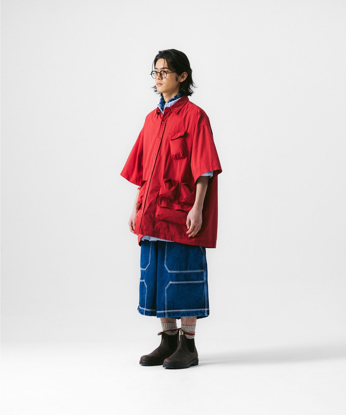 앵글런(ANGLAN) Slather Utility Pocket Half Shirt - Red