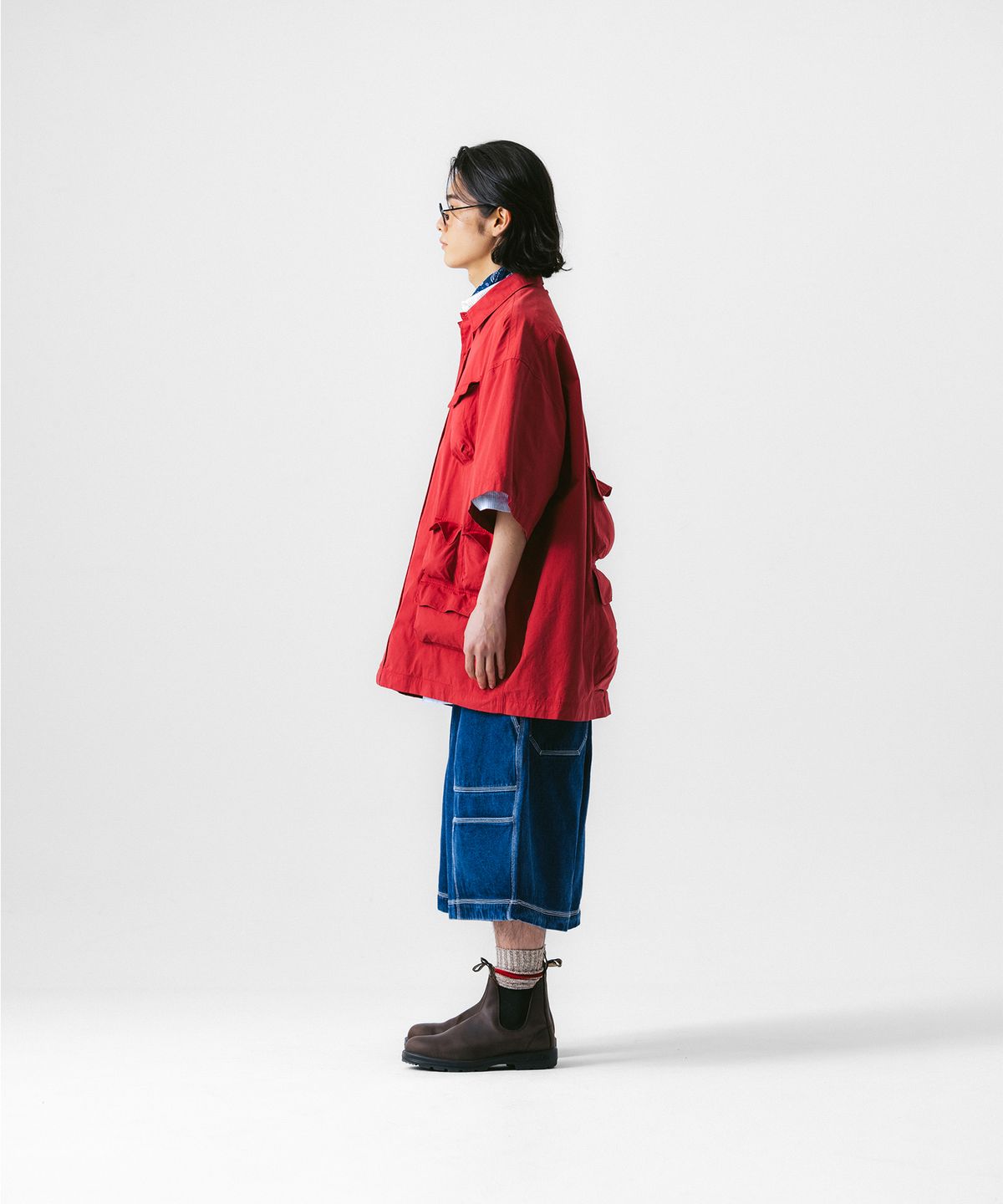 앵글런(ANGLAN) Slather Utility Pocket Half Shirt - Red