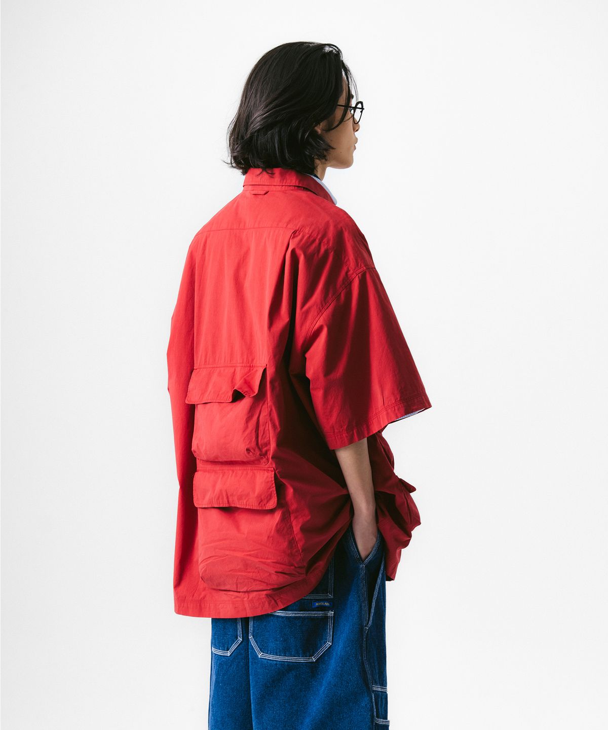앵글런(ANGLAN) Slather Utility Pocket Half Shirt - Red