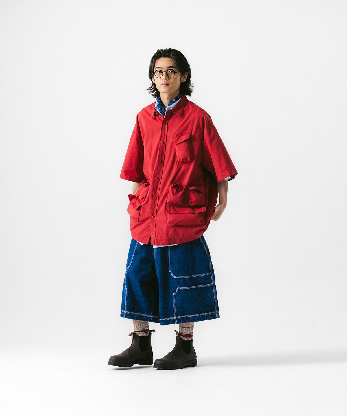 앵글런(ANGLAN) Slather Utility Pocket Half Shirt - Red