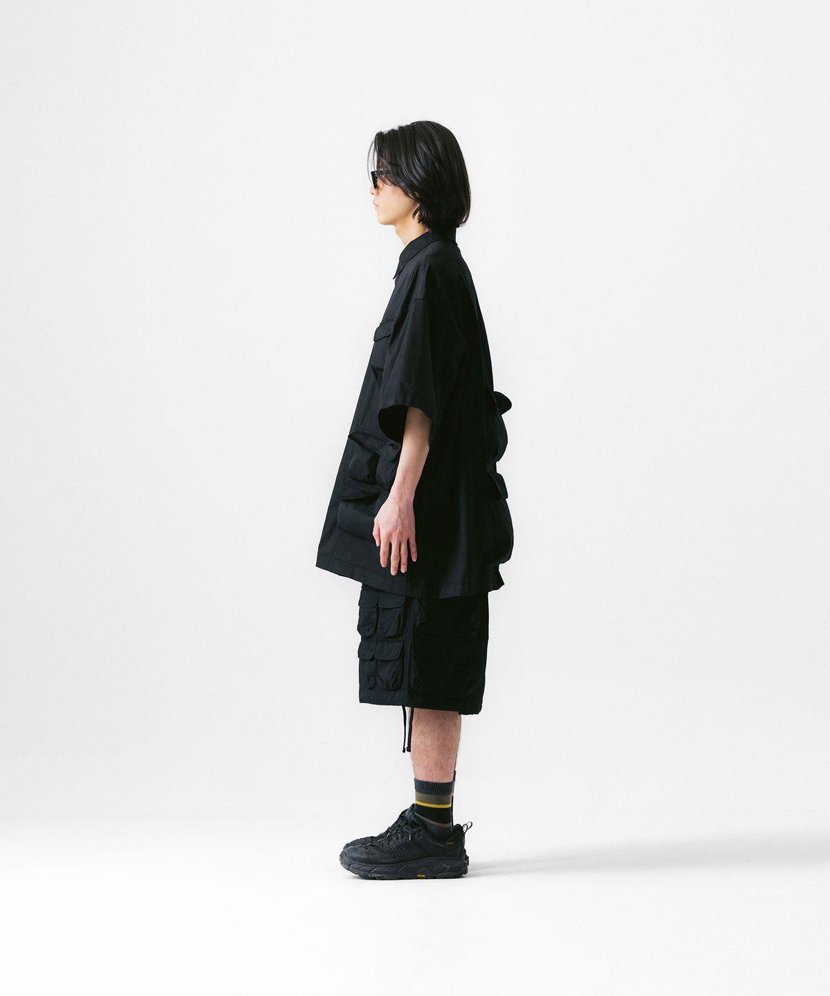 앵글런(ANGLAN) Slather Utility Pocket Half Shirt - Black