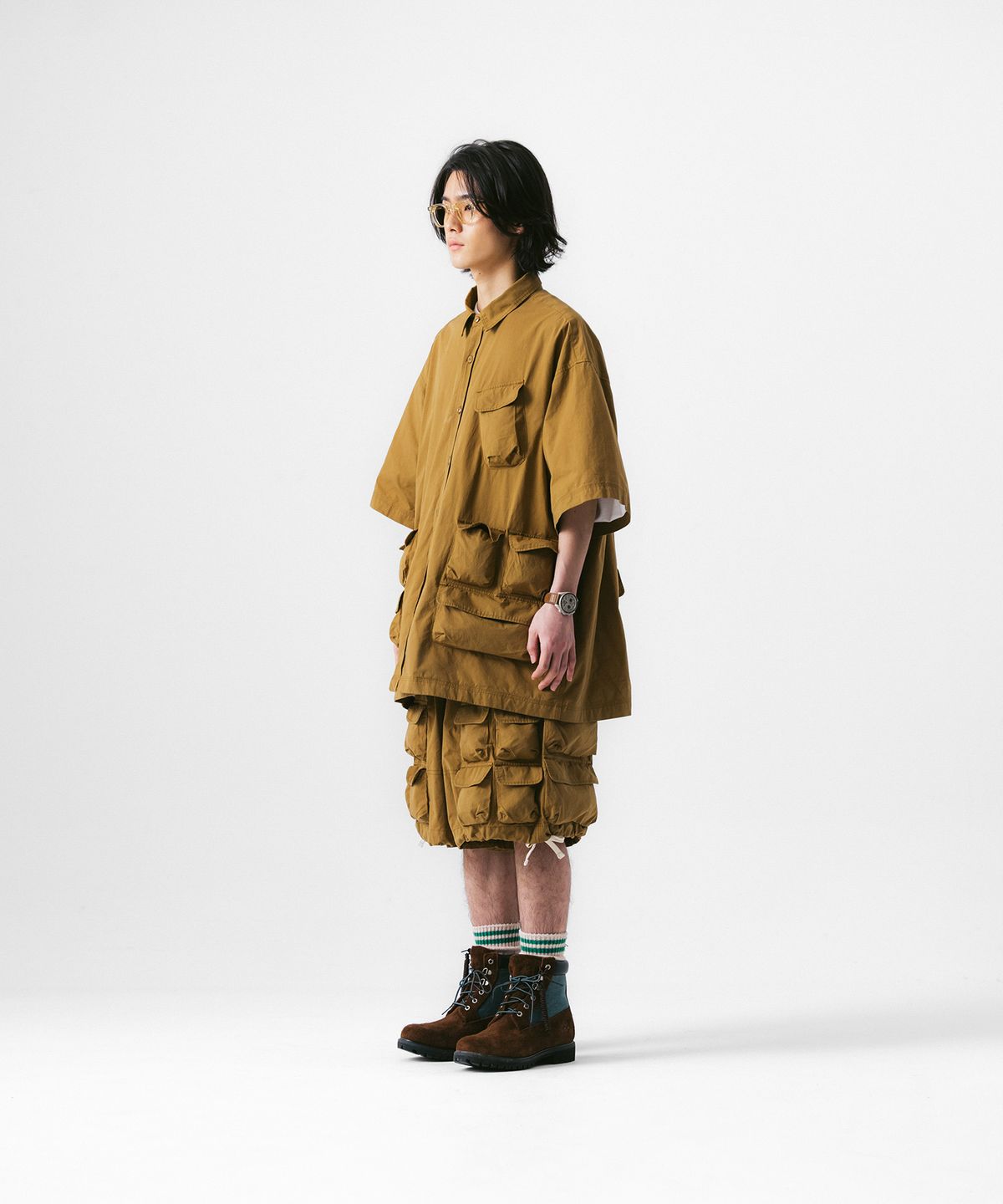 앵글런(ANGLAN) Slather Utility Pocket Half Shirt - Beige