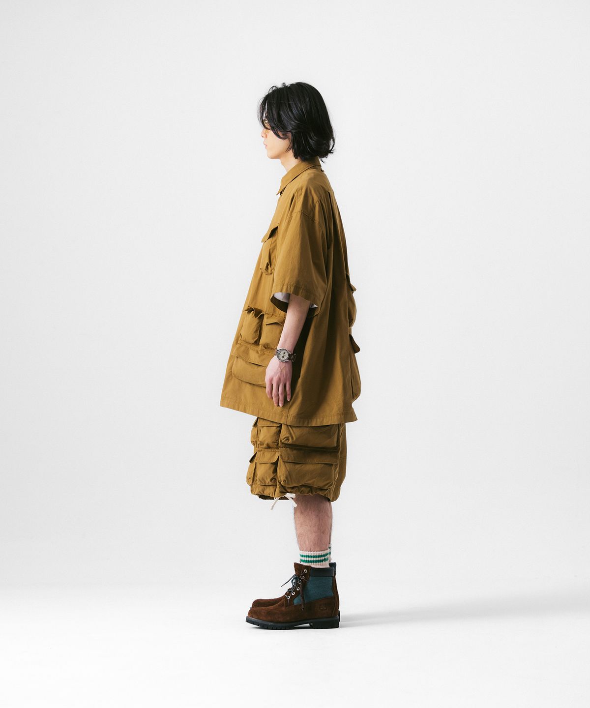 앵글런(ANGLAN) Slather Utility Pocket Half Shirt - Beige