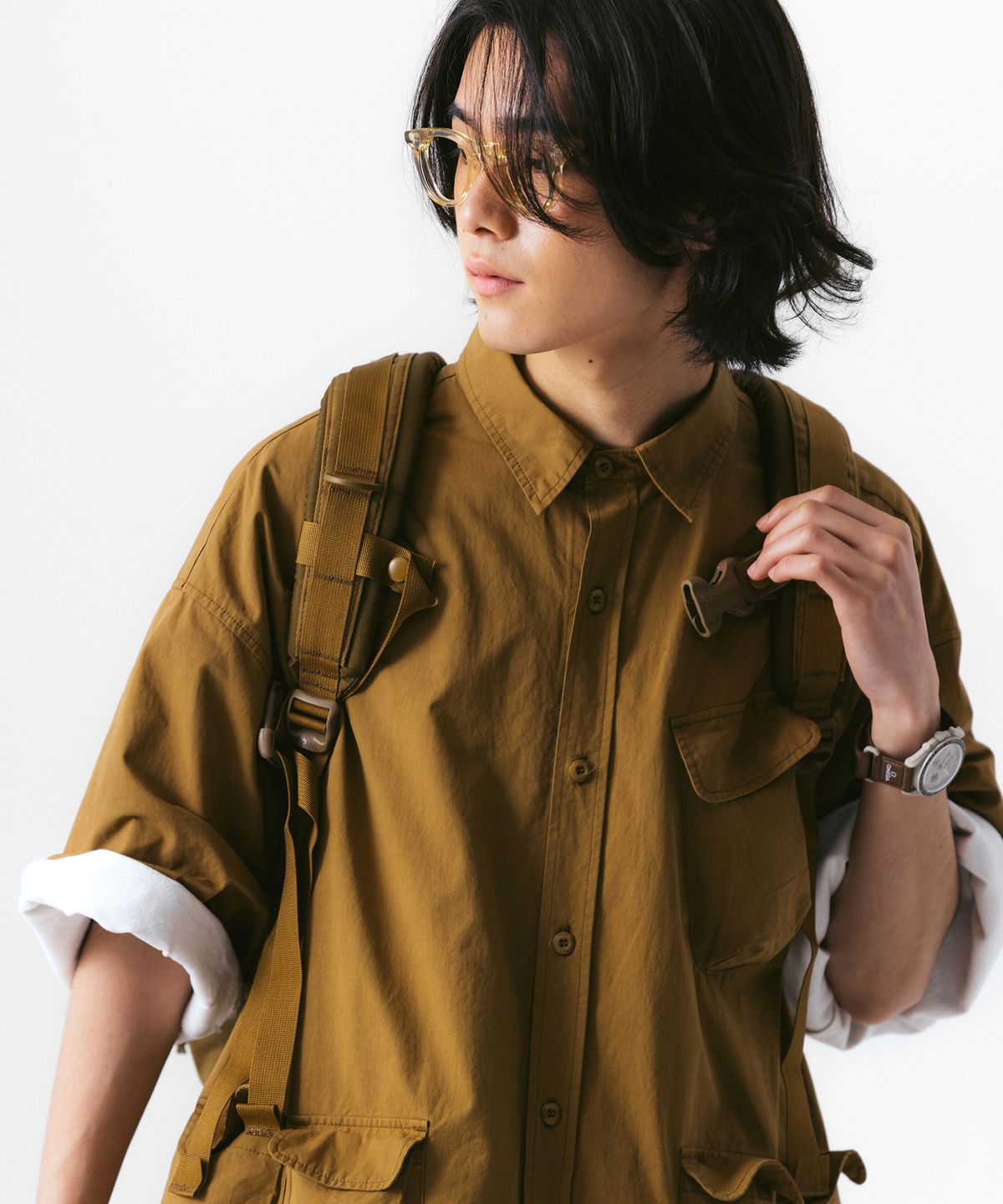 앵글런(ANGLAN) Slather Utility Pocket Half Shirt - Beige
