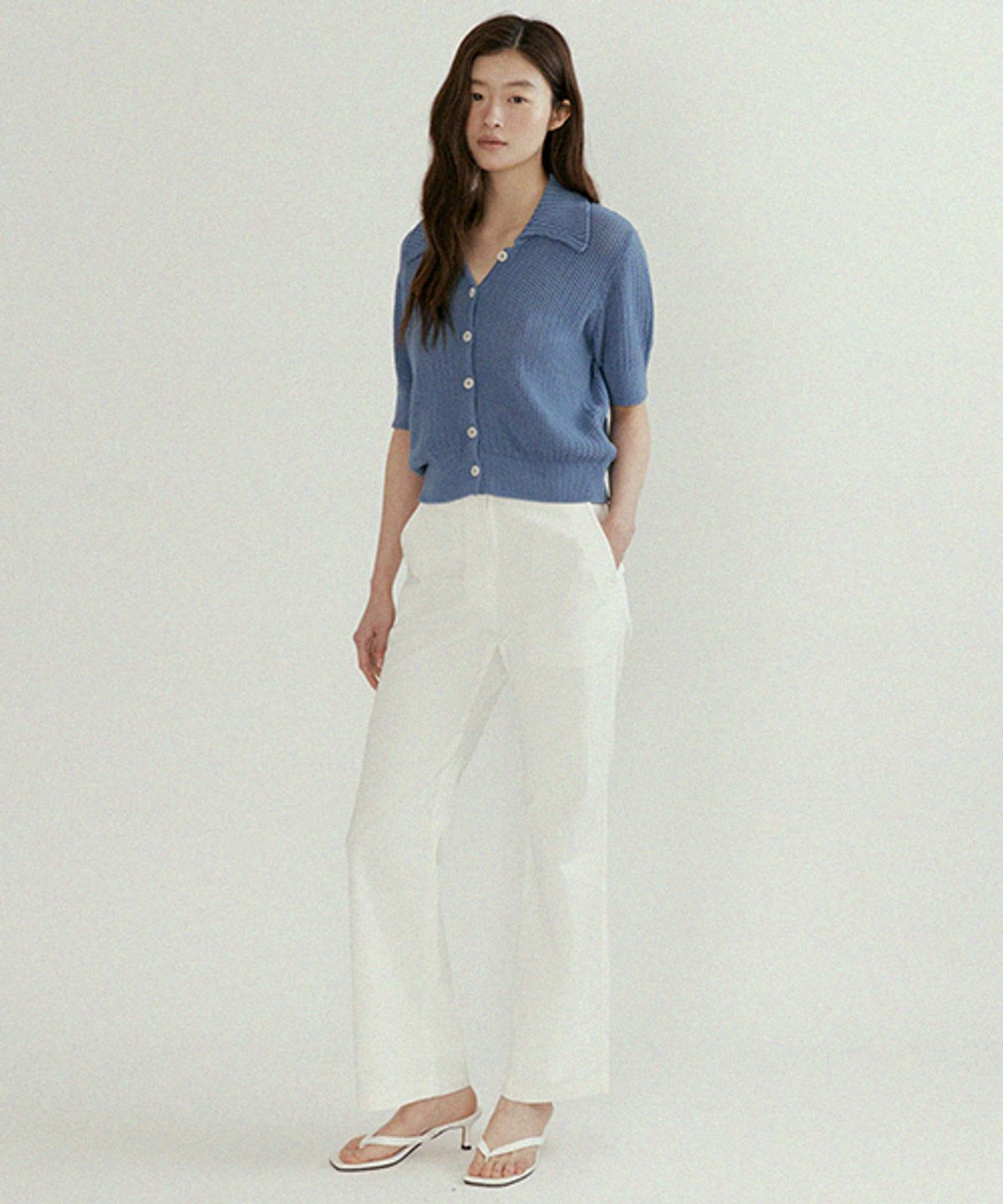 링서울(LINGSEOUL) open collar cotton knit-blue