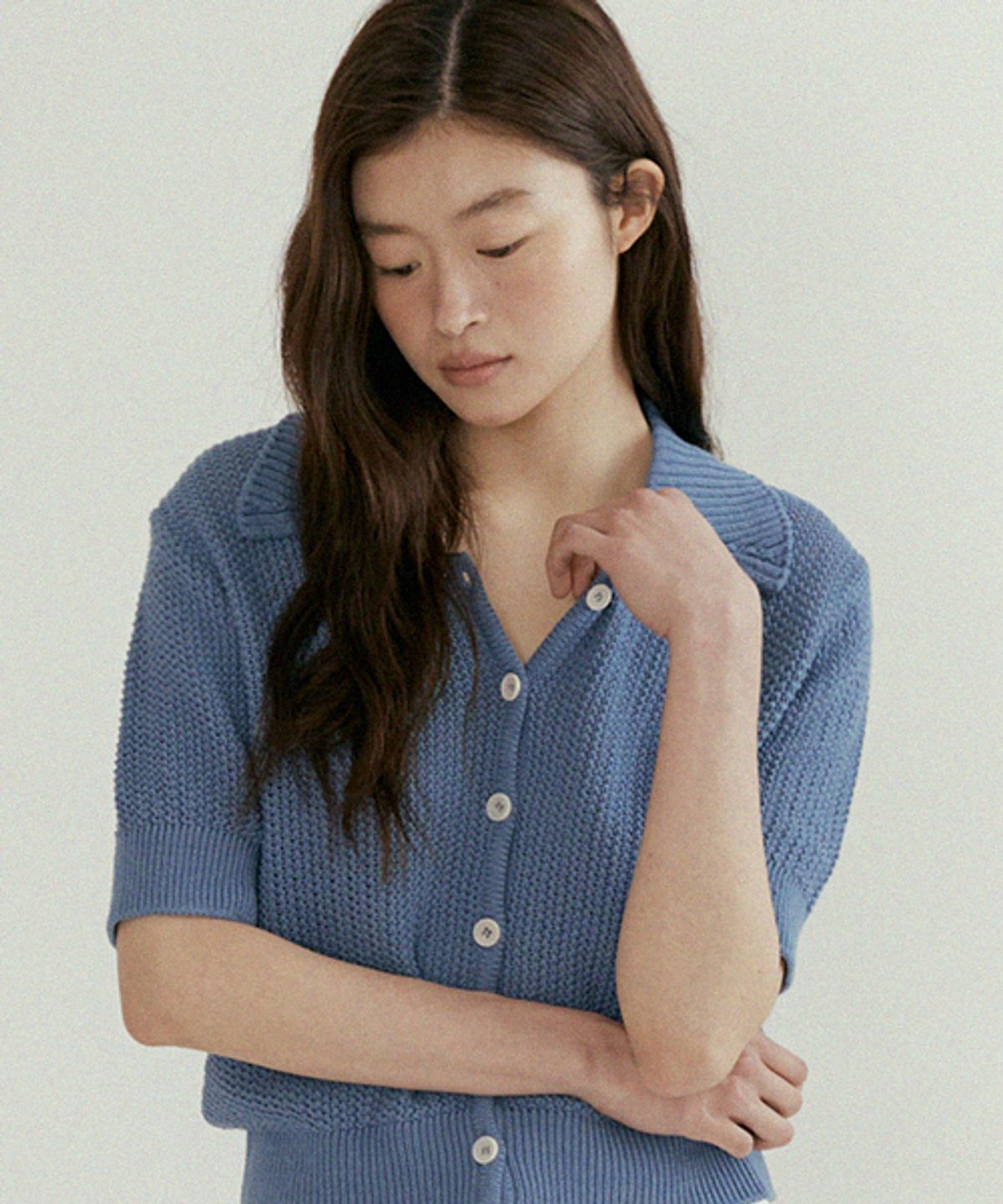 링서울(LINGSEOUL) open collar cotton knit-blue