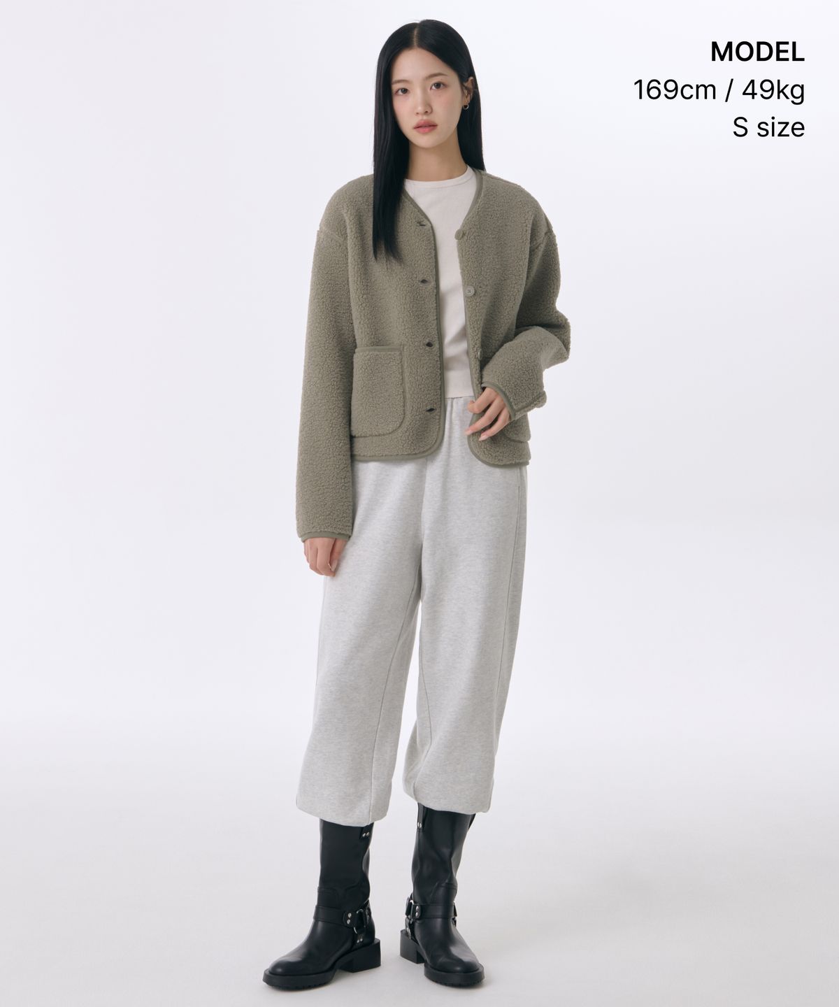 무신사 스탠다드 우먼(MUSINSA STANDARD WOMAN) 우먼즈 플리스 칼라리스 재킷 [카키 그레이]