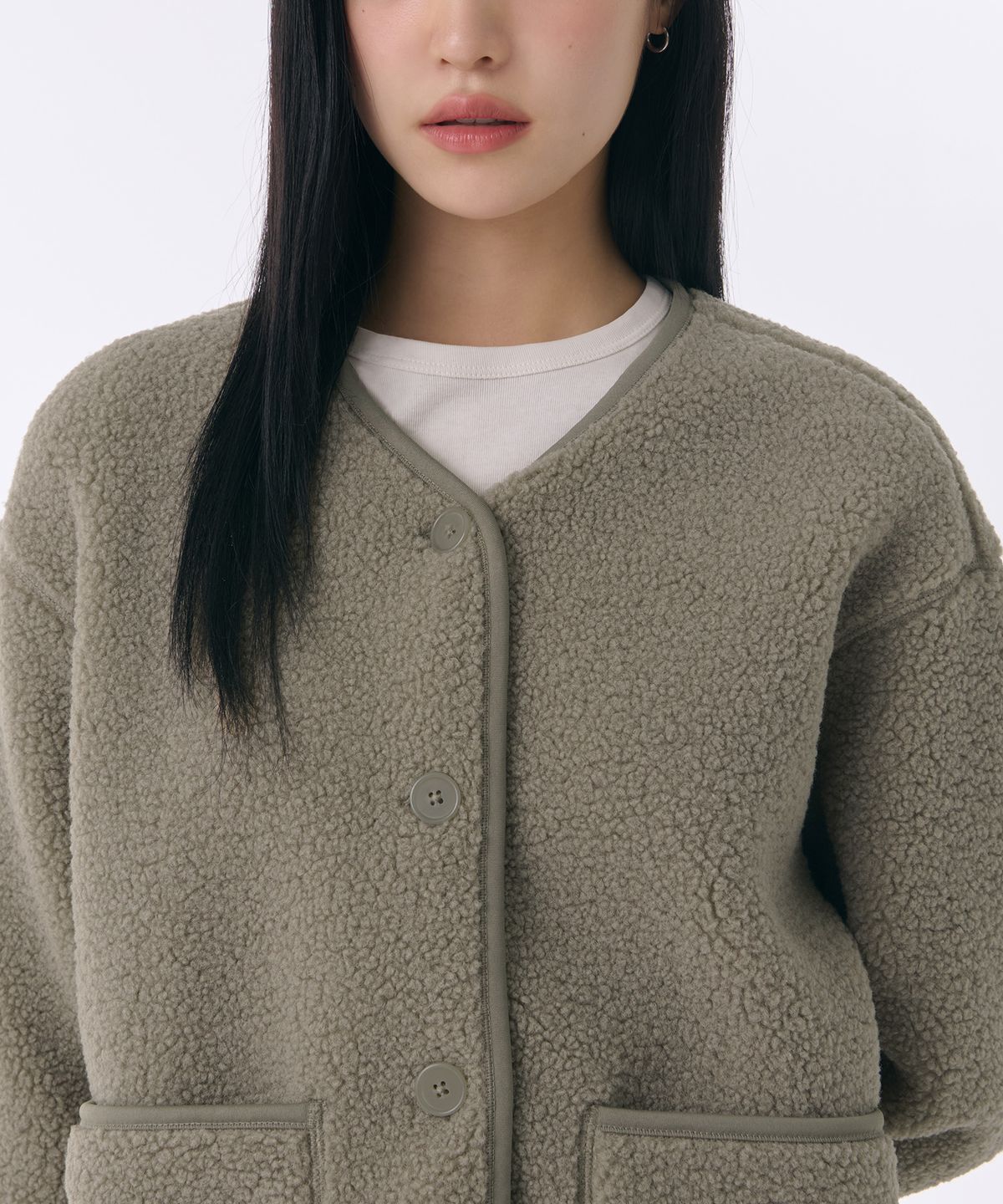 무신사 스탠다드 우먼(MUSINSA STANDARD WOMAN) 우먼즈 플리스 칼라리스 재킷 [카키 그레이]