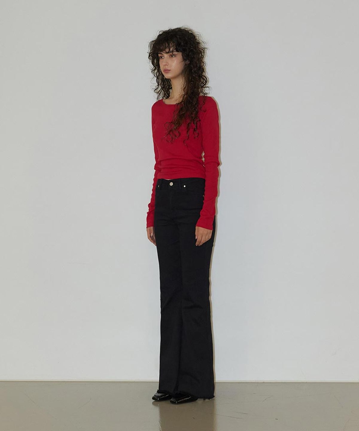 렌세(RENSE) Mid-Rise Boot Cut Pants Black