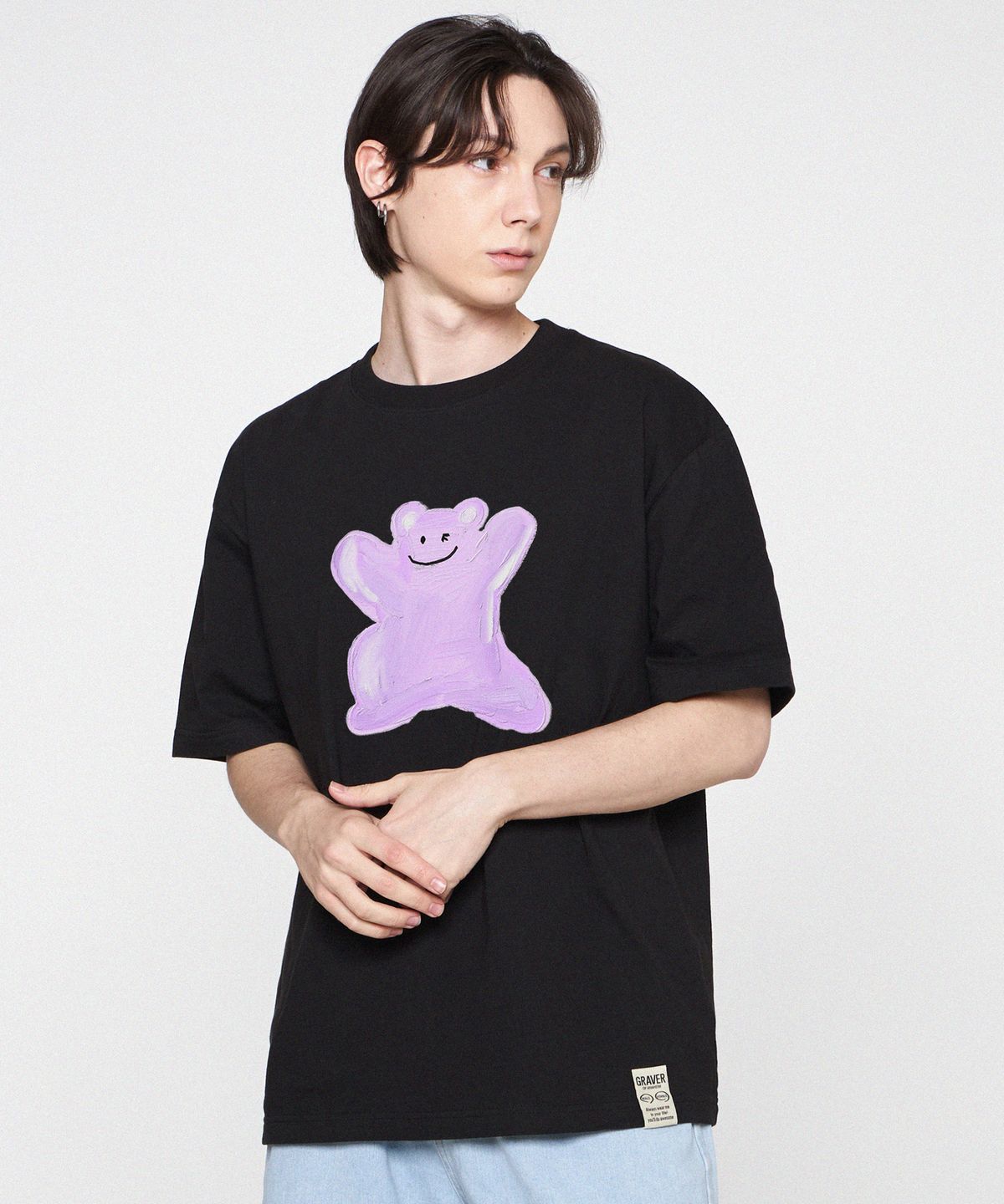 그레이버(GRAVER) [UNISEX]핑크 페인팅 빅 베어스마일 반팔티_블랙