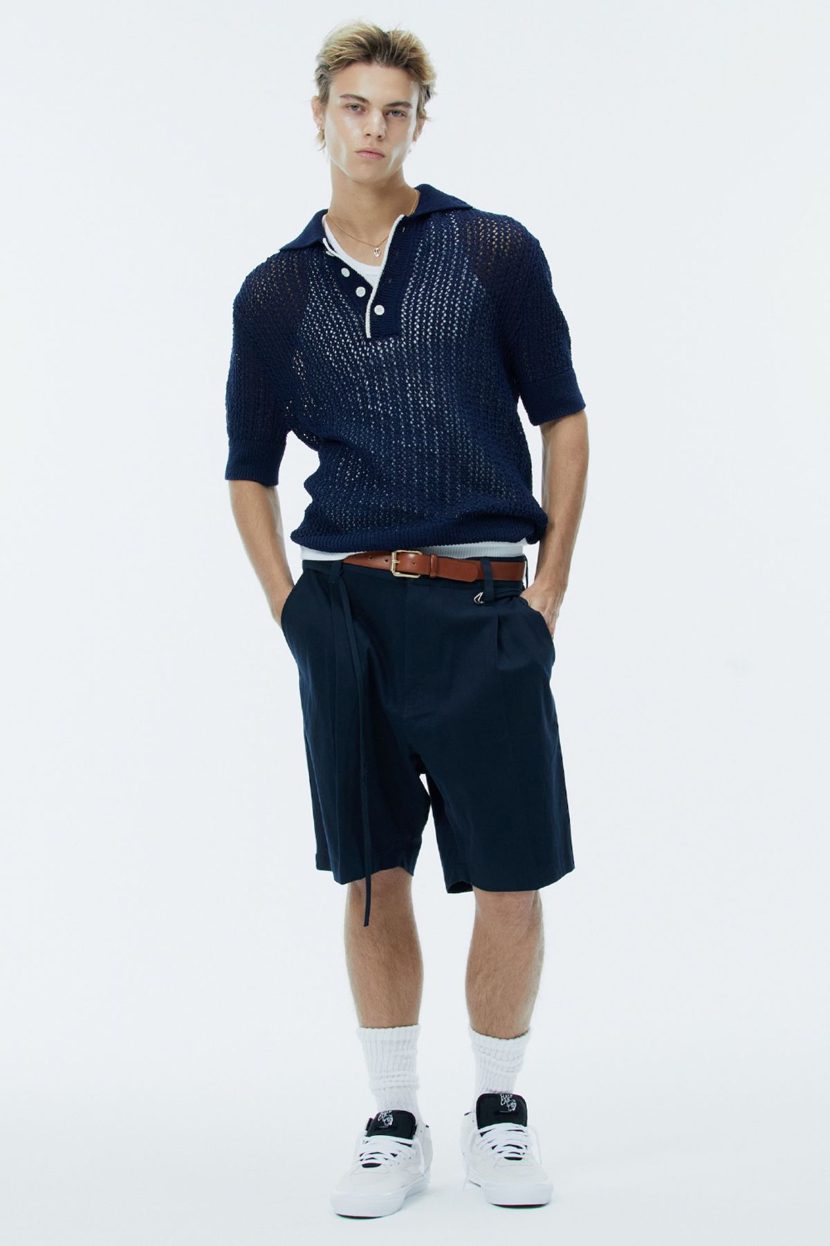 노앙(NOHANT) CROCHET SHORT SLEEVE COLLAR KNIT NAVY