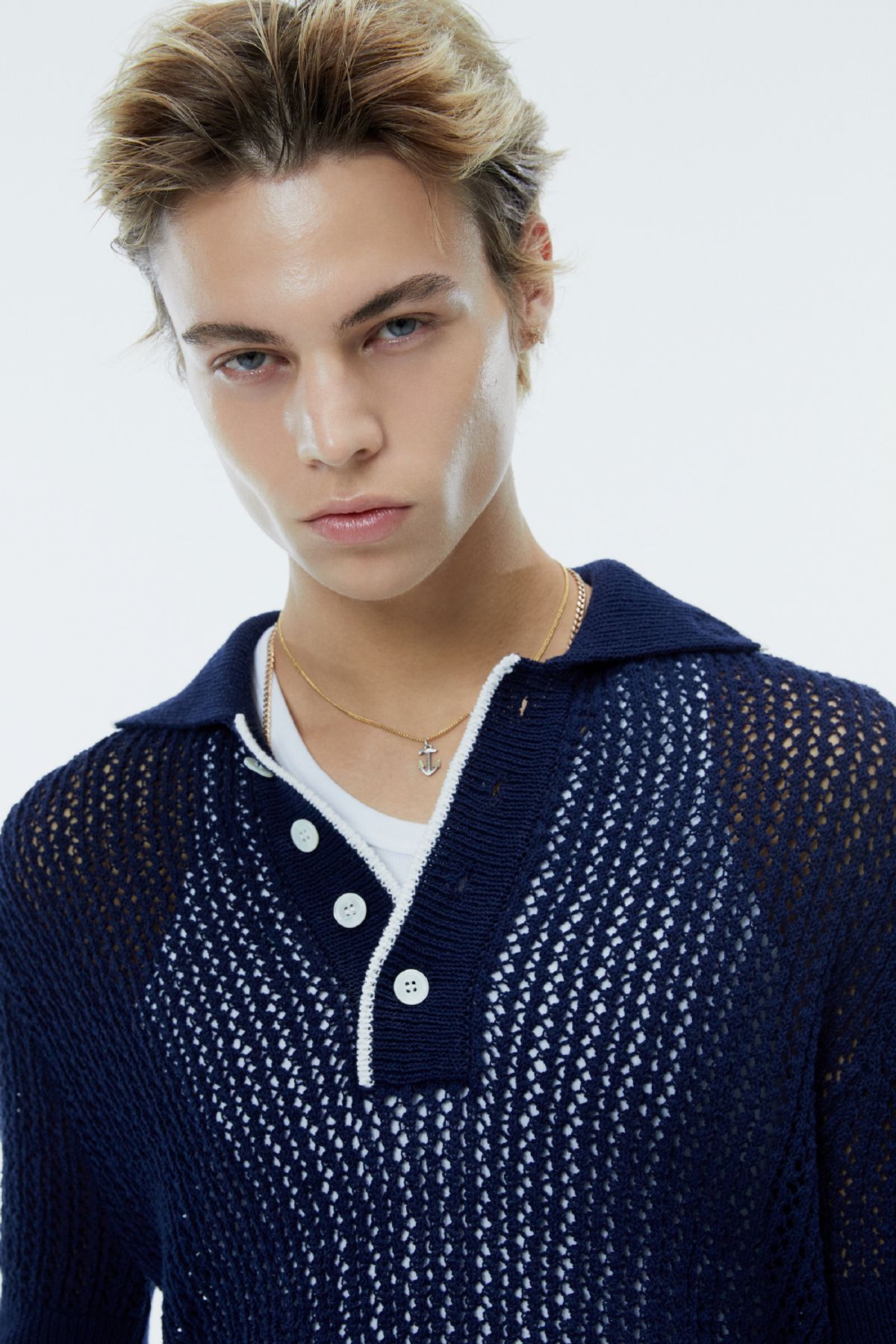 노앙(NOHANT) CROCHET SHORT SLEEVE COLLAR KNIT NAVY