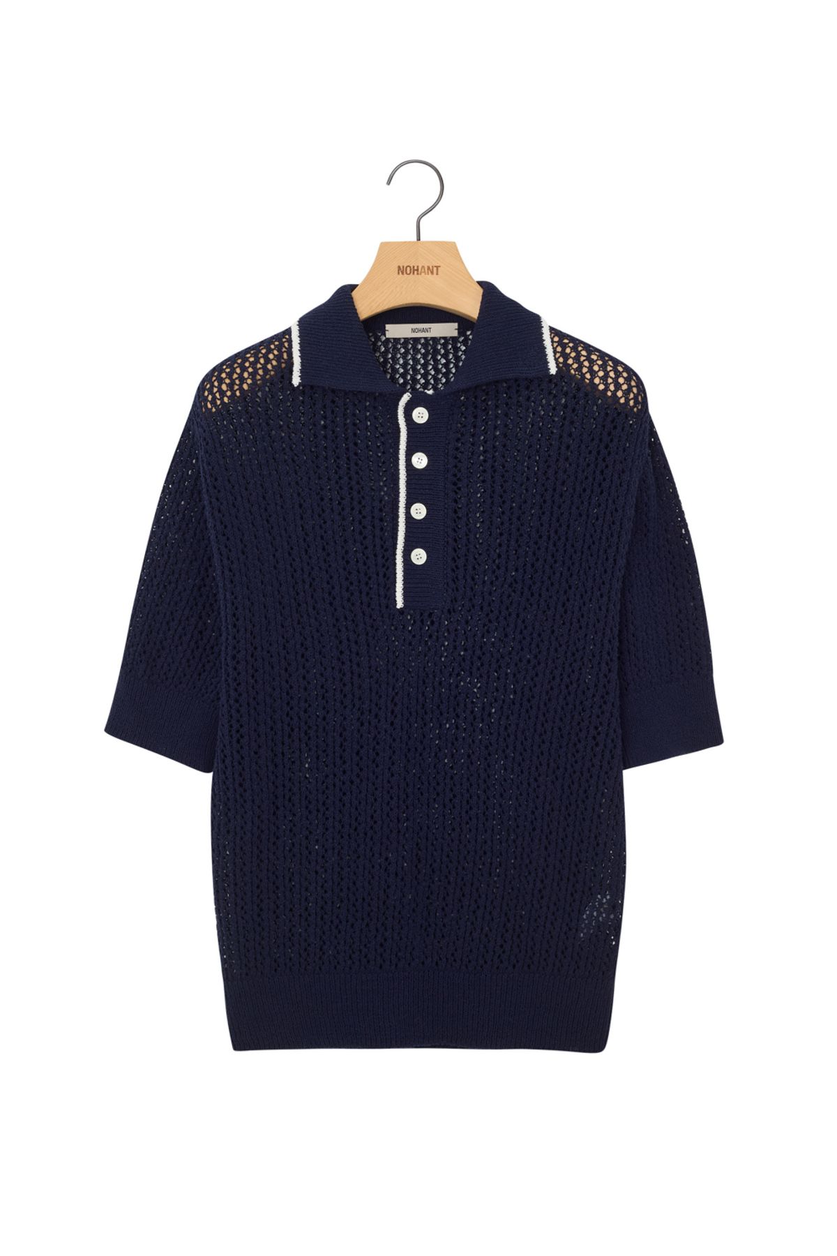 노앙(NOHANT) CROCHET SHORT SLEEVE COLLAR KNIT NAVY