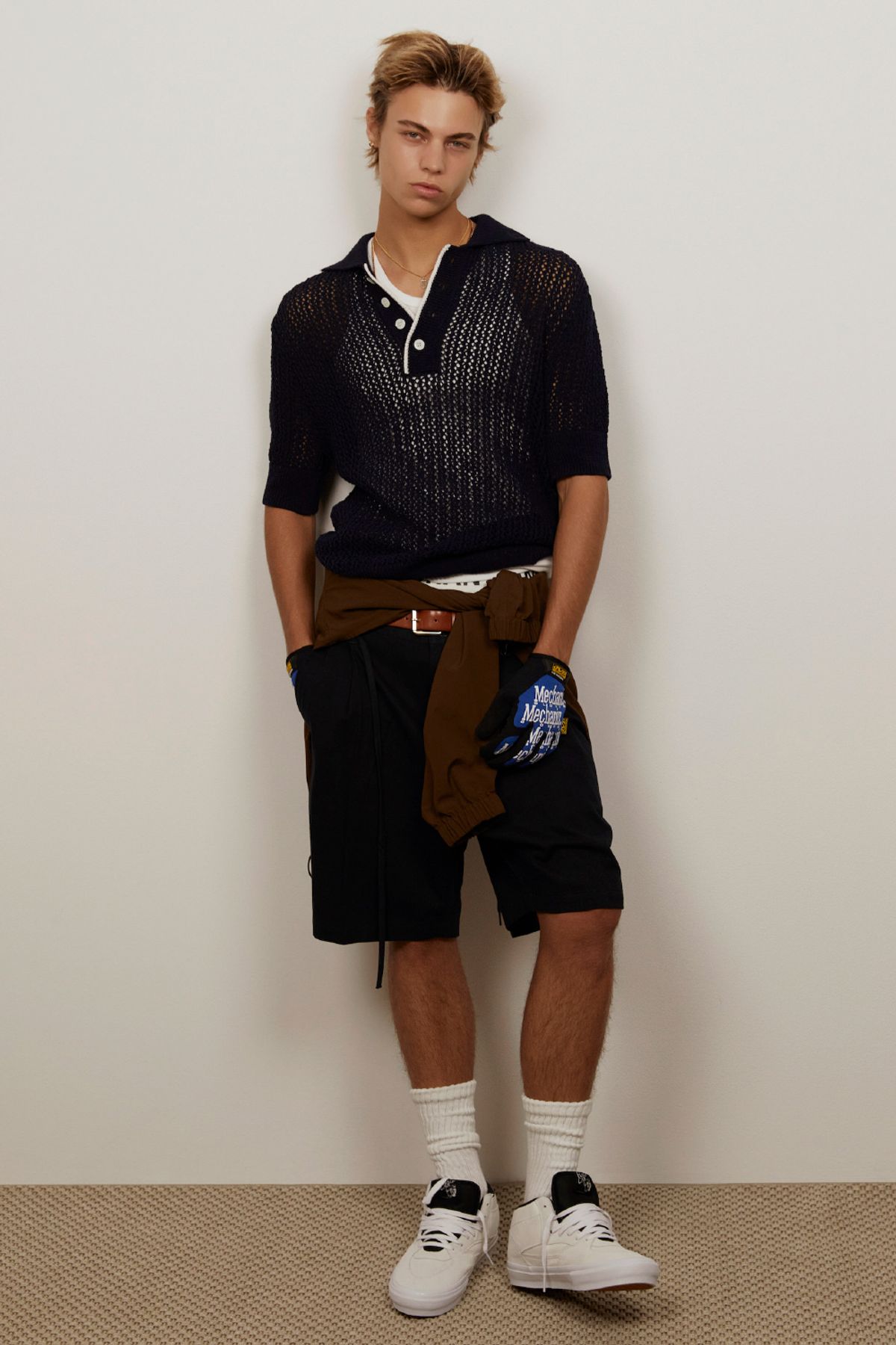 노앙(NOHANT) CROCHET SHORT SLEEVE COLLAR KNIT NAVY