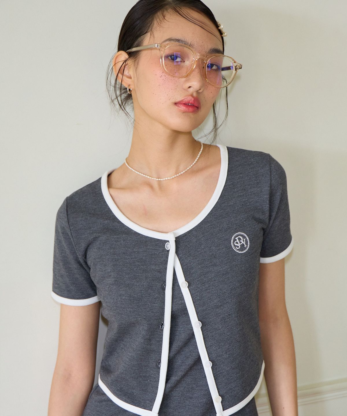 살롱 드 욘(SALON DE YOHN) Crop Pique Cardigan_ Gray