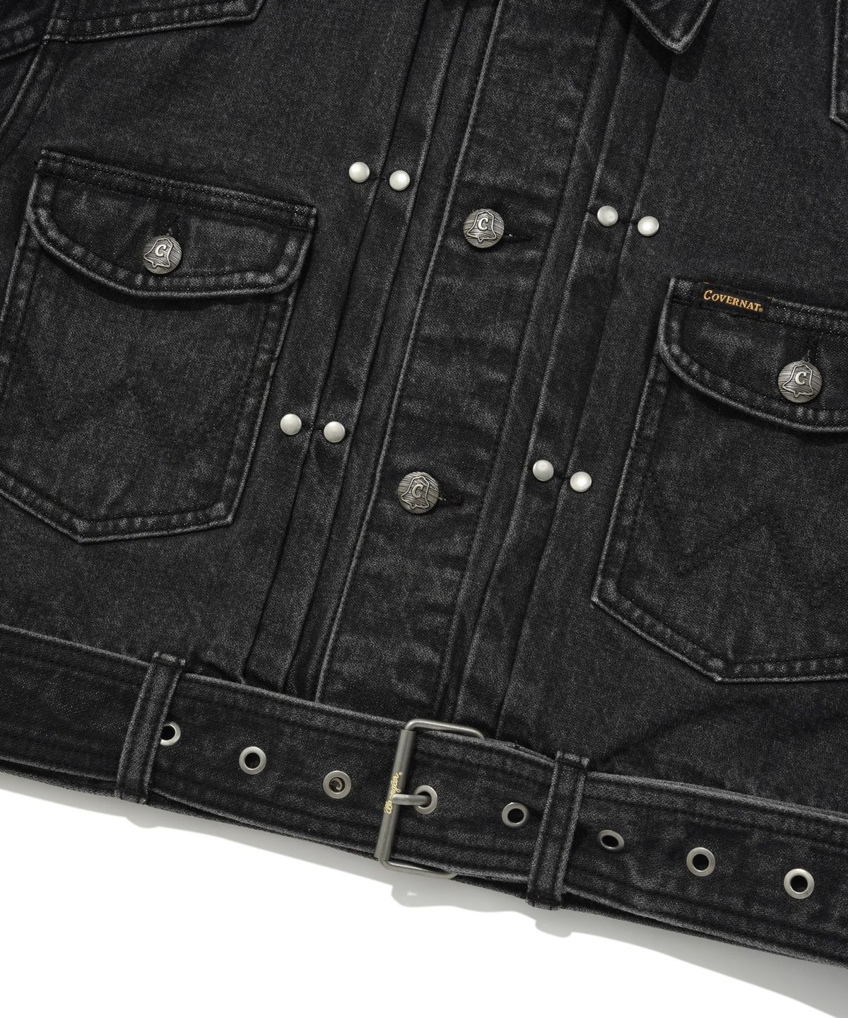 커버낫 우먼(COVERNAT WOMAN) [COVERNAT X WRANGLER] 우먼 오리지널 데님 크롭 벨티드 자켓 Dark Gray
