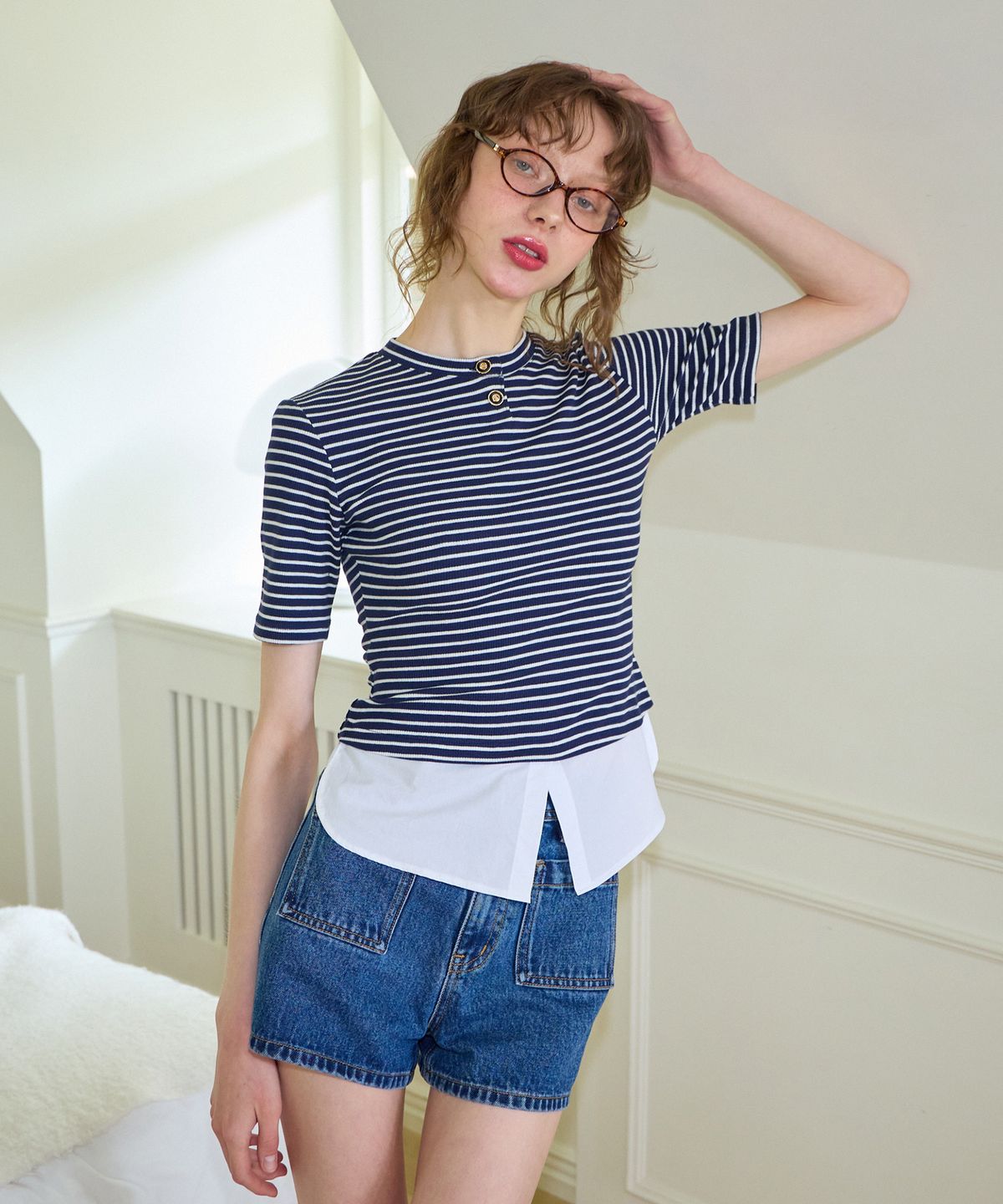 살롱 드 욘(SALON DE YOHN) Shirt Detail Round-neck Stripe T_ Navy