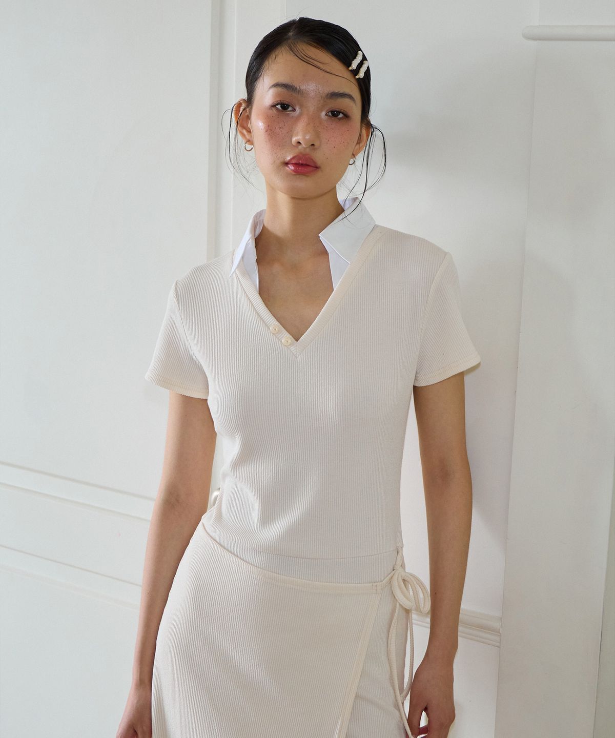 살롱 드 욘(SALON DE YOHN) Shirt Detail Long Wrap Dress_ Ivory