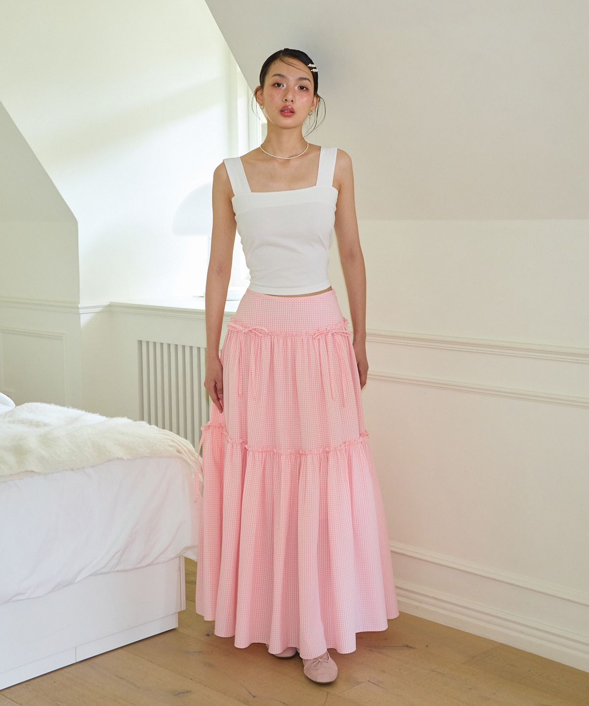 살롱 드 욘(SALON DE YOHN) Ribbon Shirring Gingham Check Maxi Skirt_ Pink