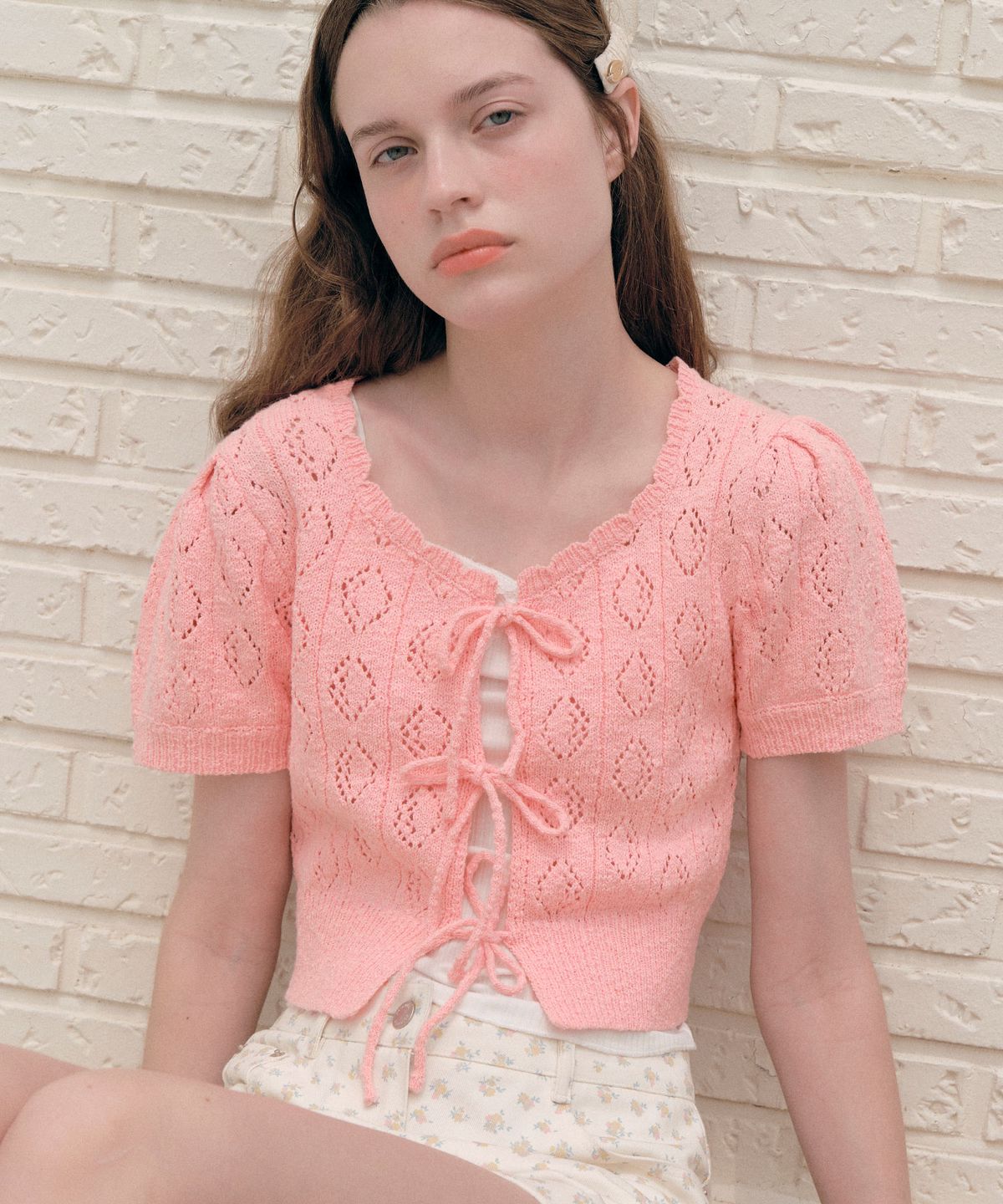 로라로라(ROLAROLA) RIBBON CROCHET BOLERO CARDIGAN PINK