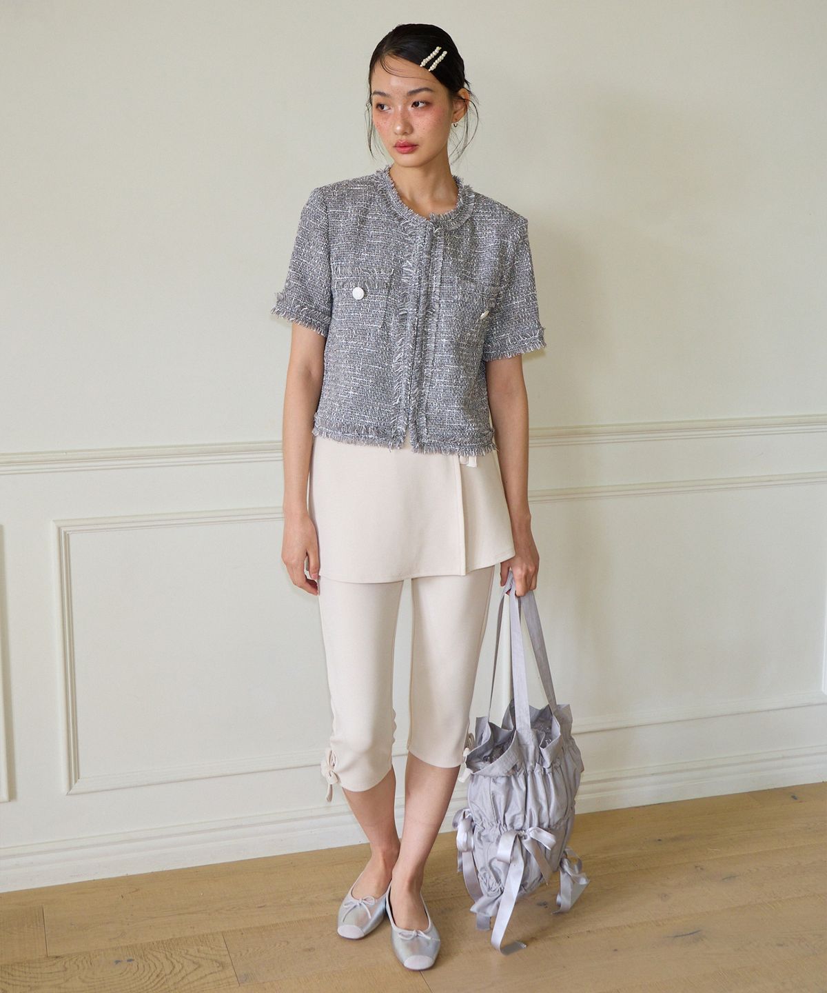 살롱 드 욘(SALON DE YOHN) Tassel Tweed Short Sleeve Jacket_ Gray
