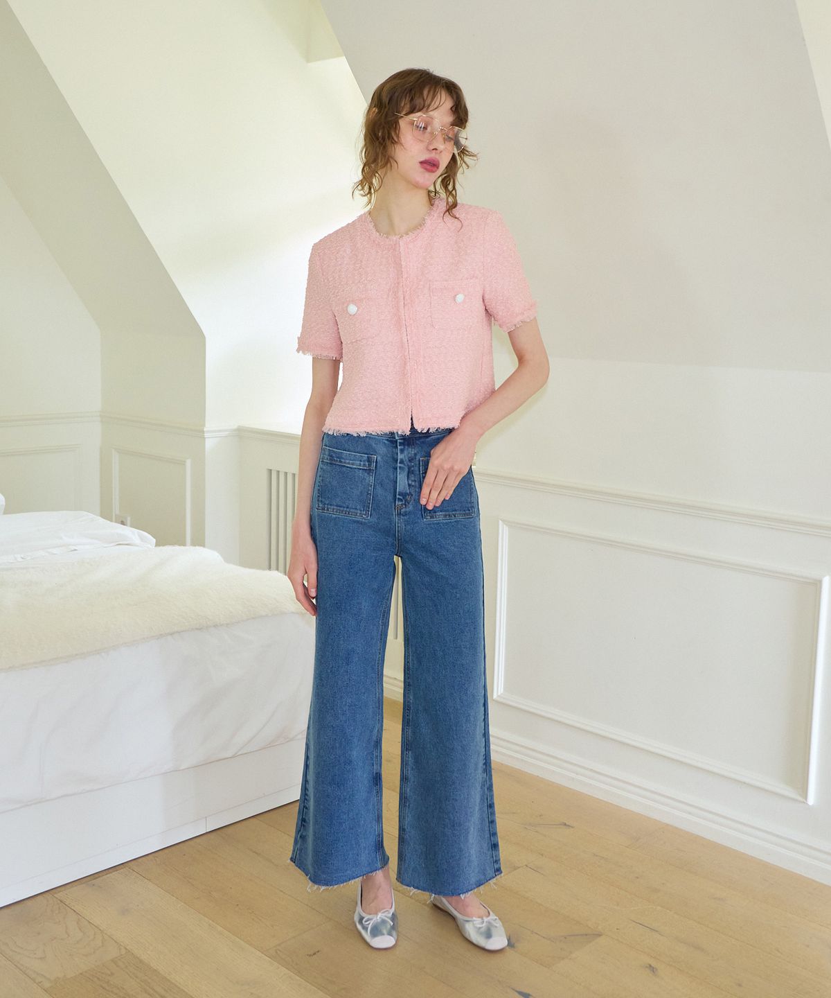 살롱 드 욘(SALON DE YOHN) Tassel Tweed Short Sleeve Jacket_ Pink
