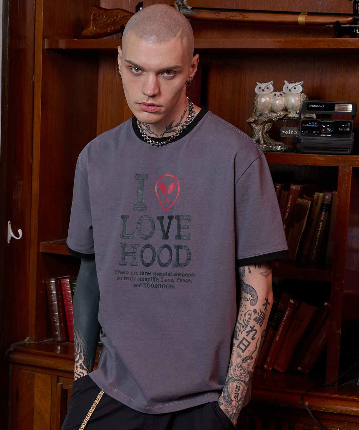 후드후드(HOODHOOD) I LOVE HOOD 링거 반팔티셔츠 차콜