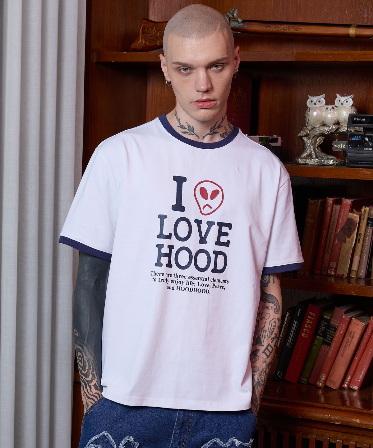 후드후드(HOODHOOD) I LOVE HOOD 링거 반팔티셔츠 화이트
