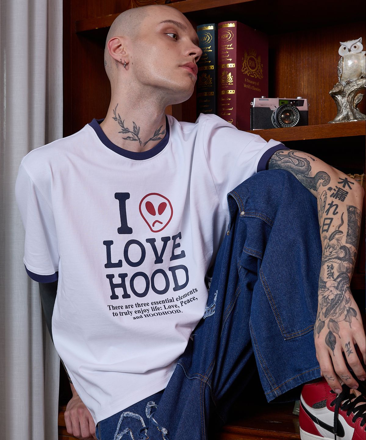 후드후드(HOODHOOD) I LOVE HOOD 링거 반팔티셔츠 화이트