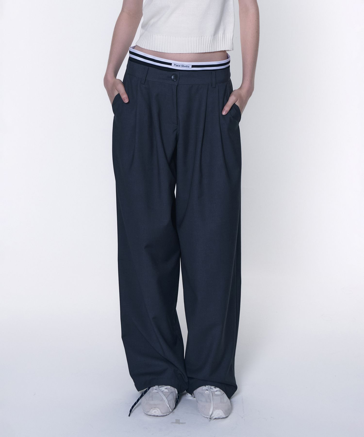 Tシャツ・カットソー Pintuck banding layered low rise wide slacks pants gray MUSINSA | PLACE STUDIO Pintuck banding layered low-rise wide
