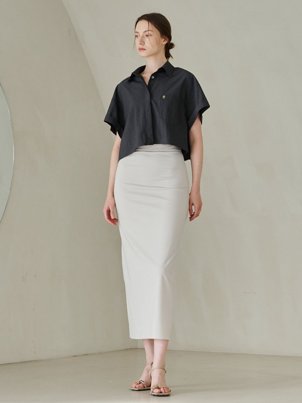 누브(NOUVE) Cut Out Slim-fit Long  Skirt -Light Beige