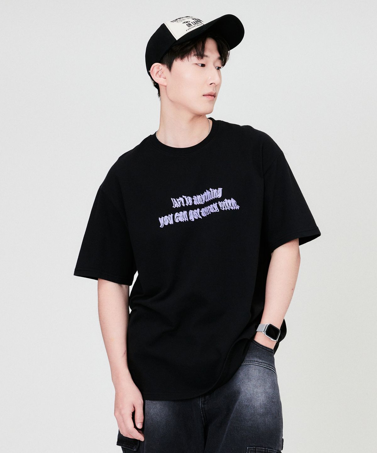 쿠톤(QUTON) 애니띵 퍼플 오버핏 헤비 반팔티셔츠_블랙