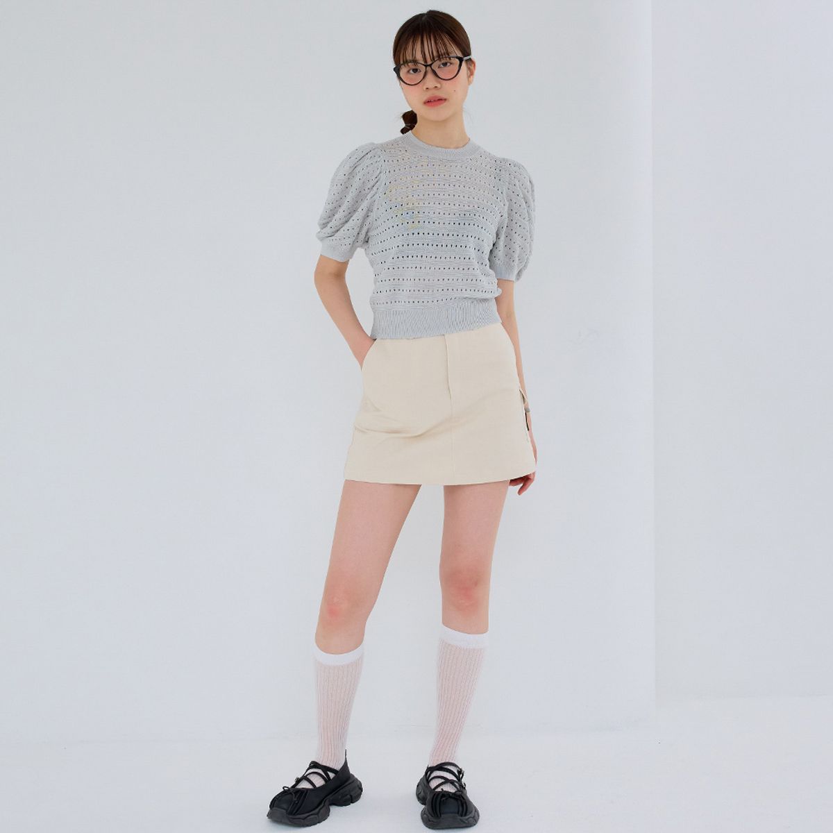 에이앤레이(AEIREI) AR_Hollow puff sleeve knit top_BLUE