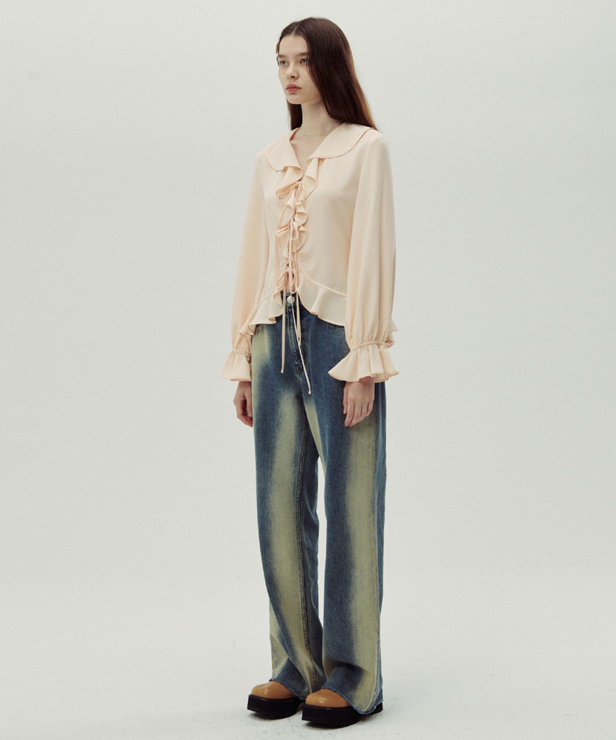 시눈(SINOON) Chiffon Ruffle Blouse (Peach)