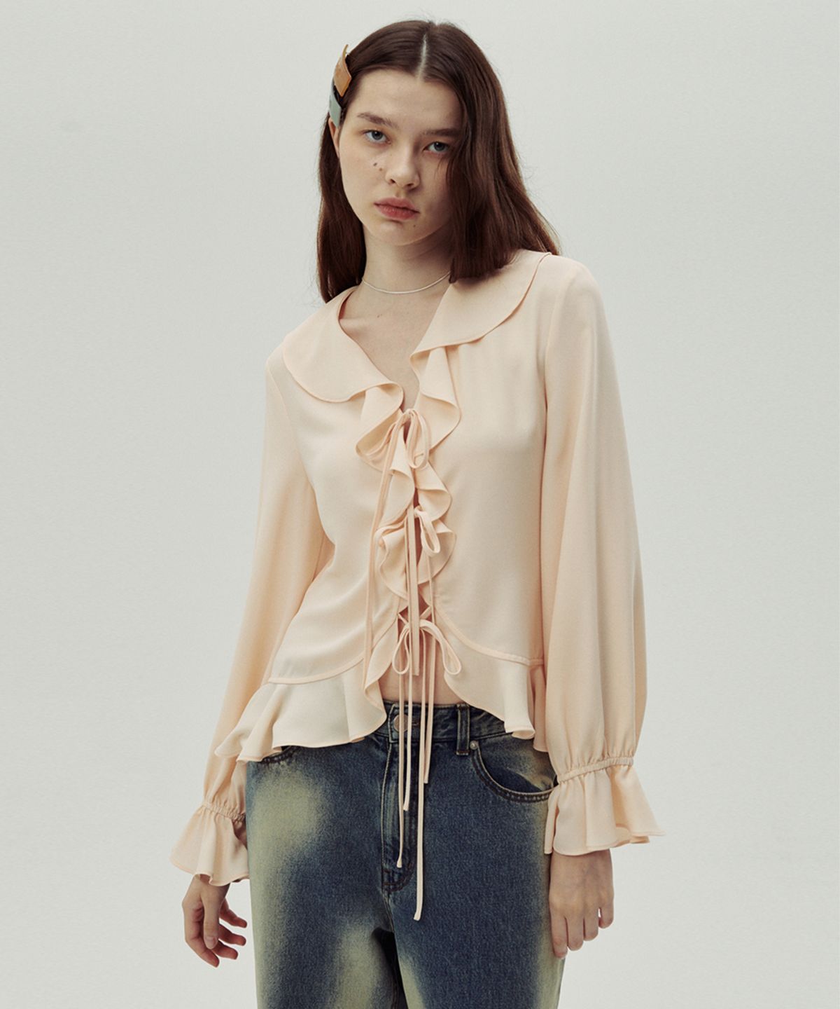 시눈(SINOON) Chiffon Ruffle Blouse (Peach)