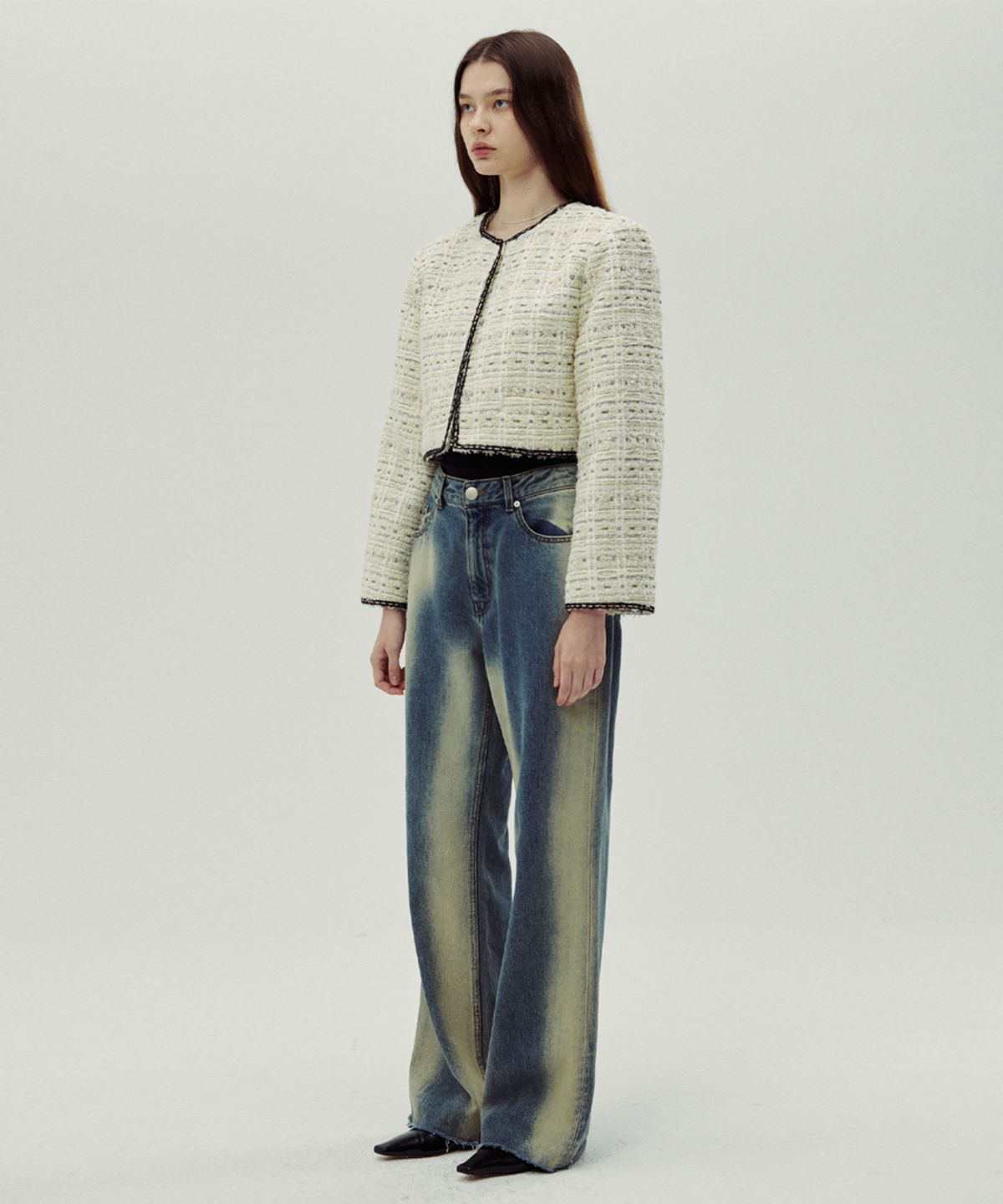 시눈(SINOON) Collarless Shine Tweed Jacket (Ivory)