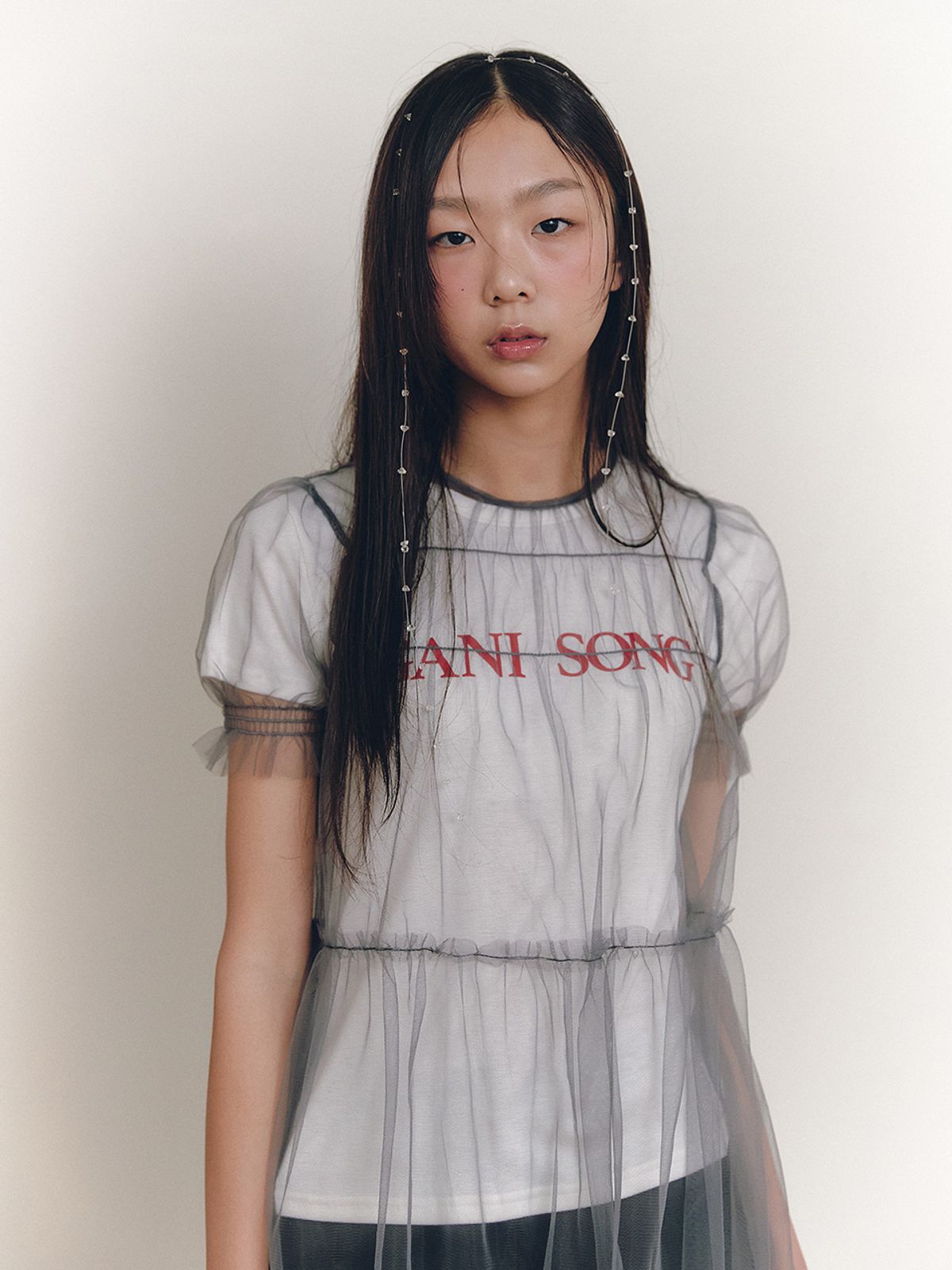 가니송(GANISONG) 메쉬 셔링 로맨틱 원피스_그레이