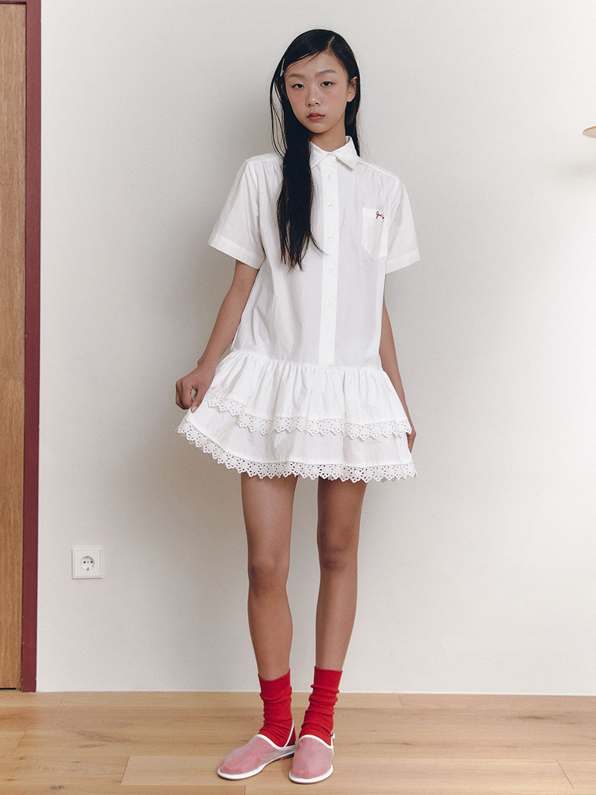 가니송(GANISONG) 레이스 치치 코튼 셔츠 원피스_화이트