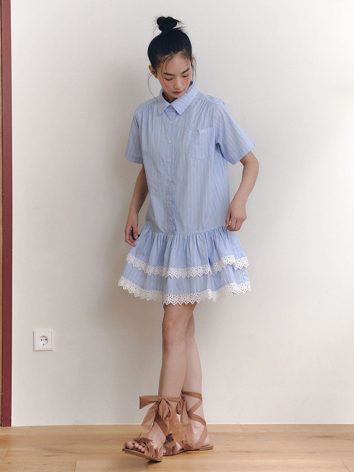 가니송(GANISONG) 레이스 치치 코튼 셔츠 원피스_블루
