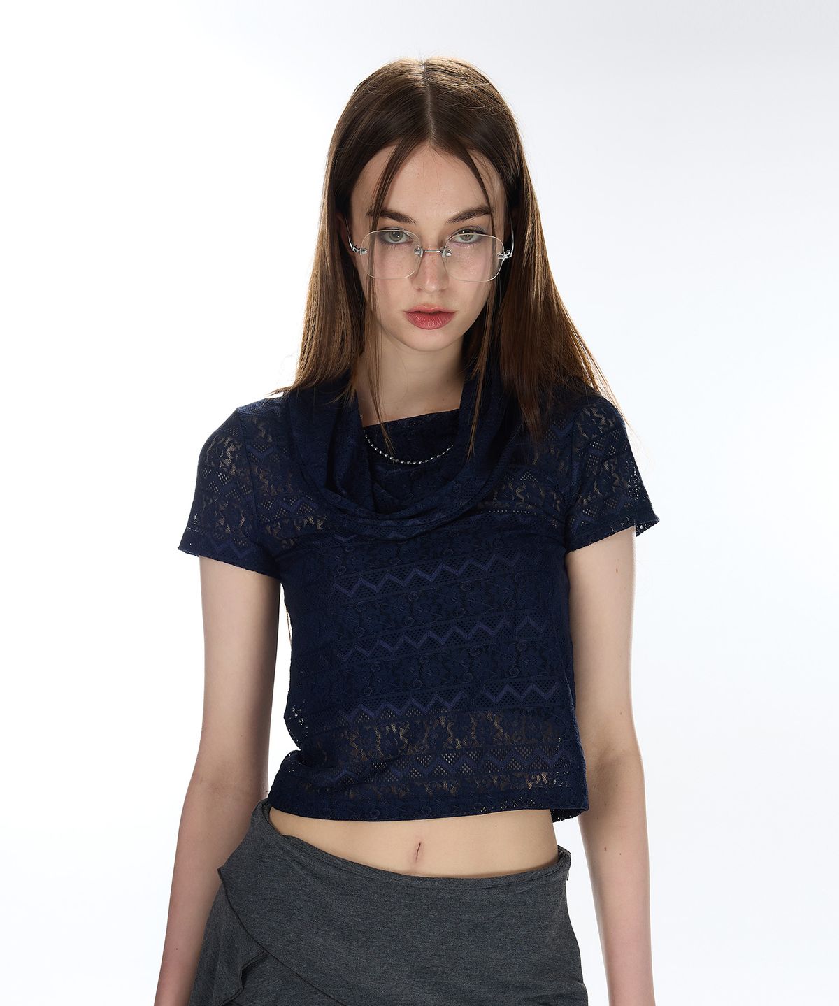 라티젠(LARTIGENT) L12 COWL LACE T-SHIRT(NAVY)
