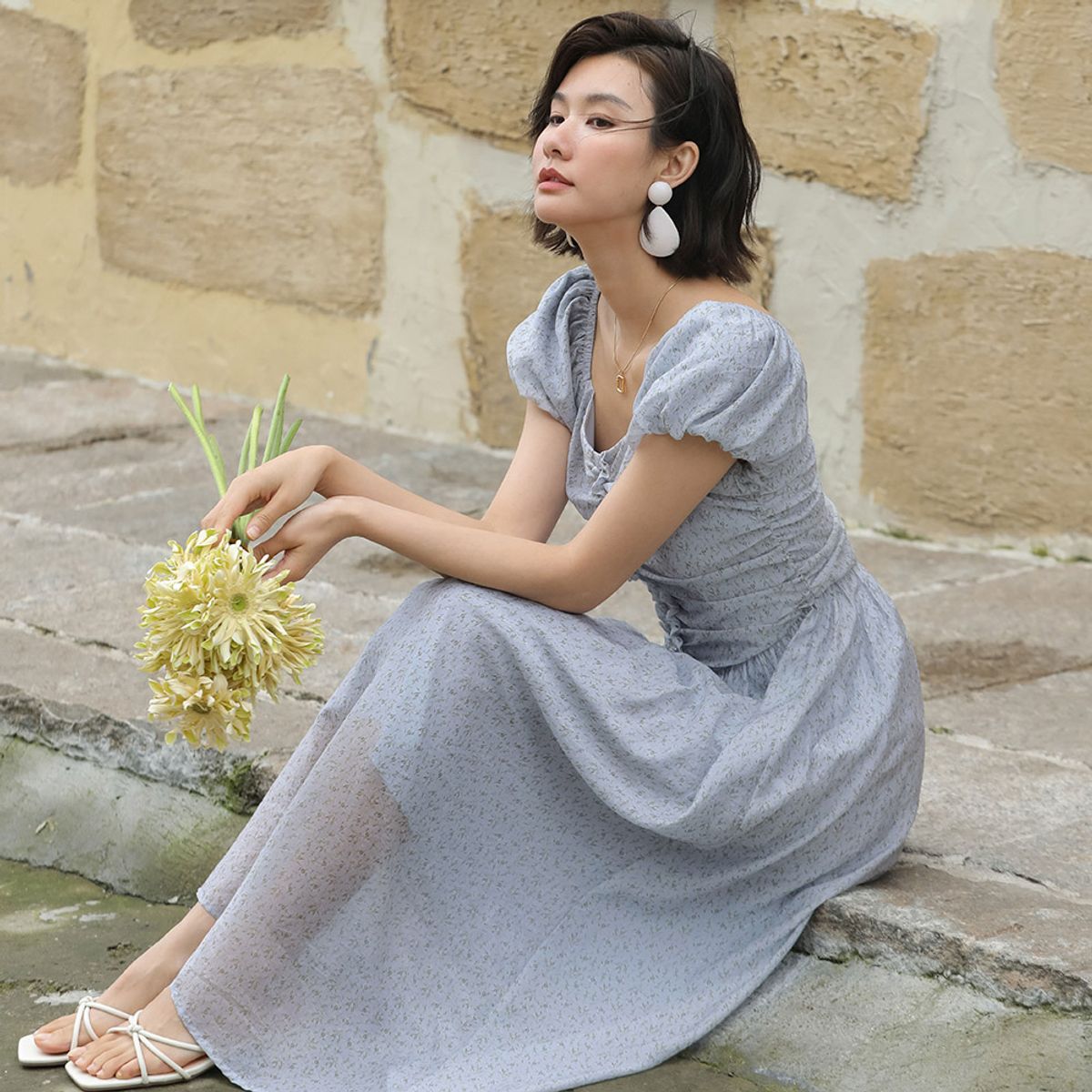 랭썬(LANGSON) LS_Puff Sleeve high waist dress