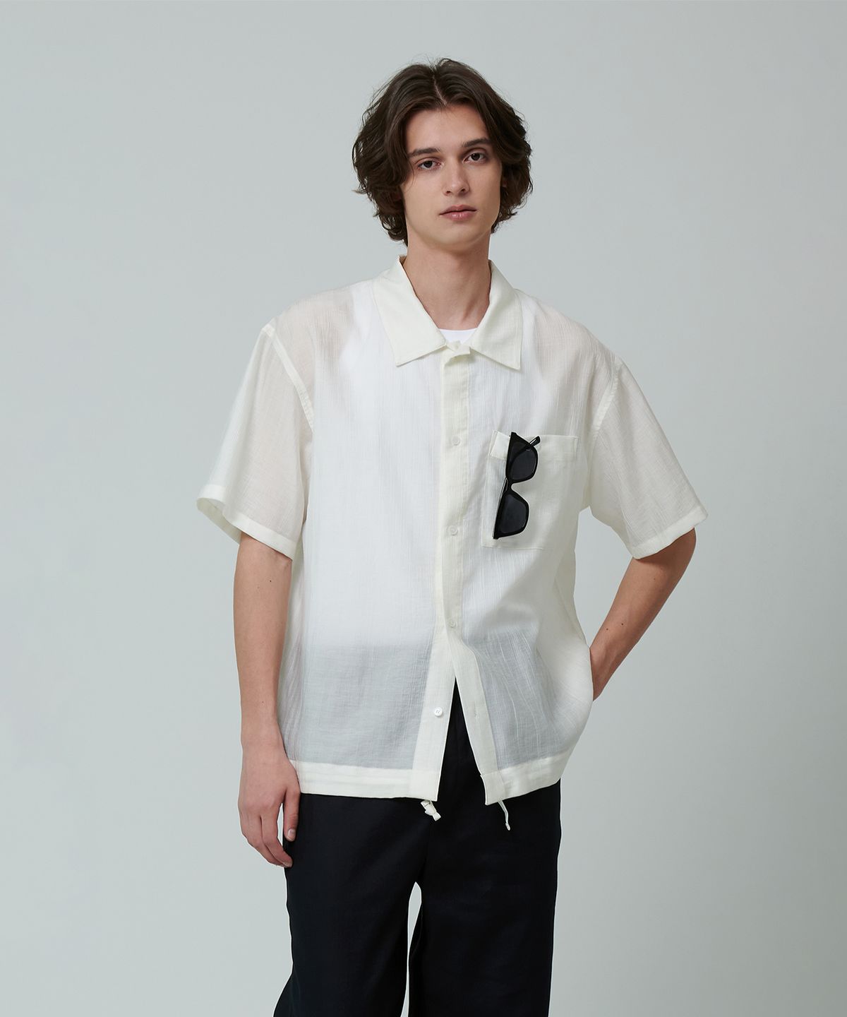 핀블랙(PINBLACK) (MEN) 원포켓 스트링 코튼 셔켓 아이보리