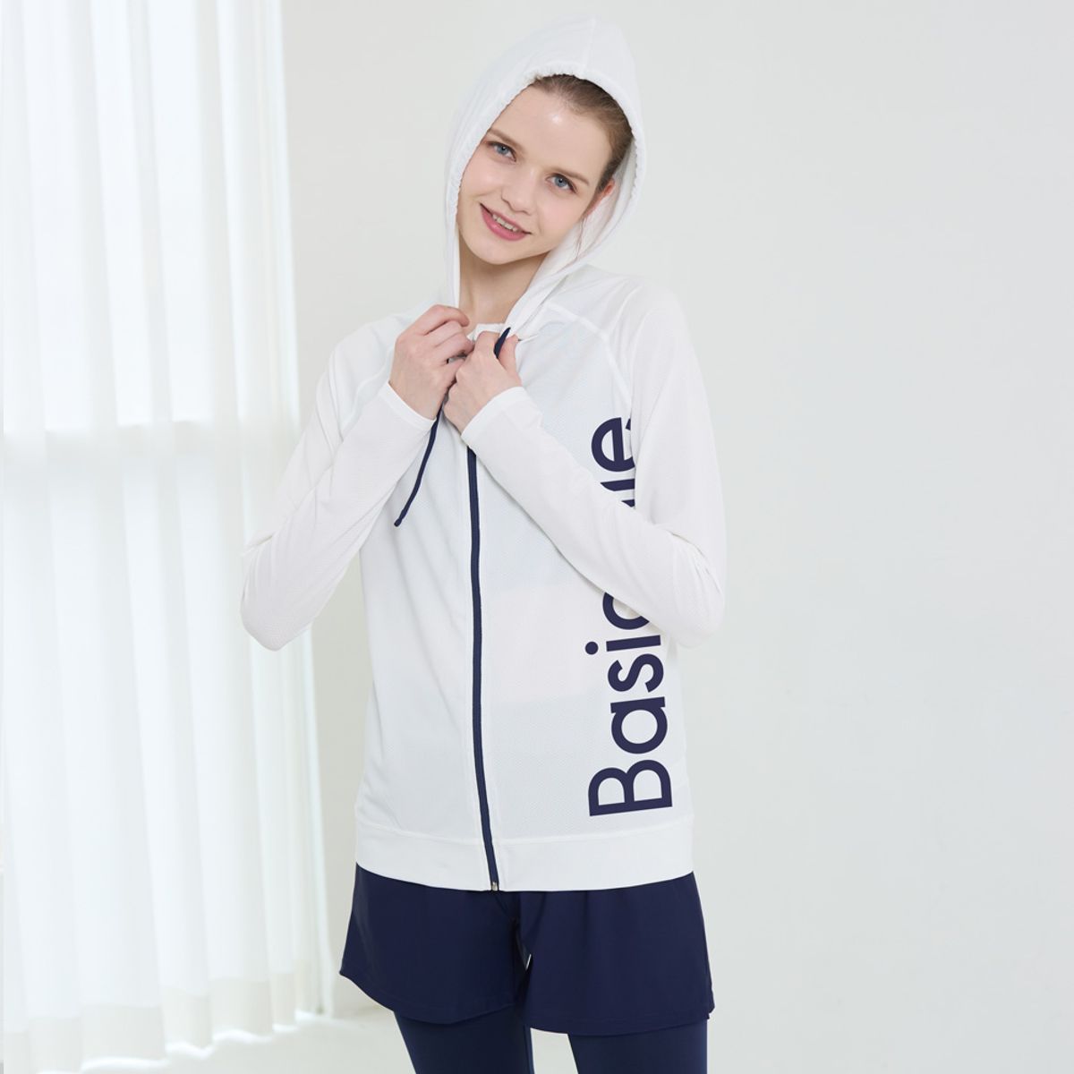 베이직엘르(BASIC ELLE) 후드 집업 래쉬가드 반바지 레깅스 상하세트 BEL-X202N 네이비