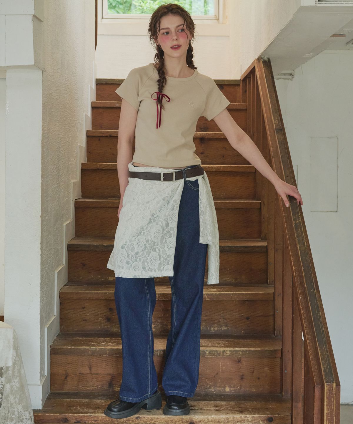 로시로우(LOSSYROW) L&R Raglan Crop Short Sleeve T-shirt Beige